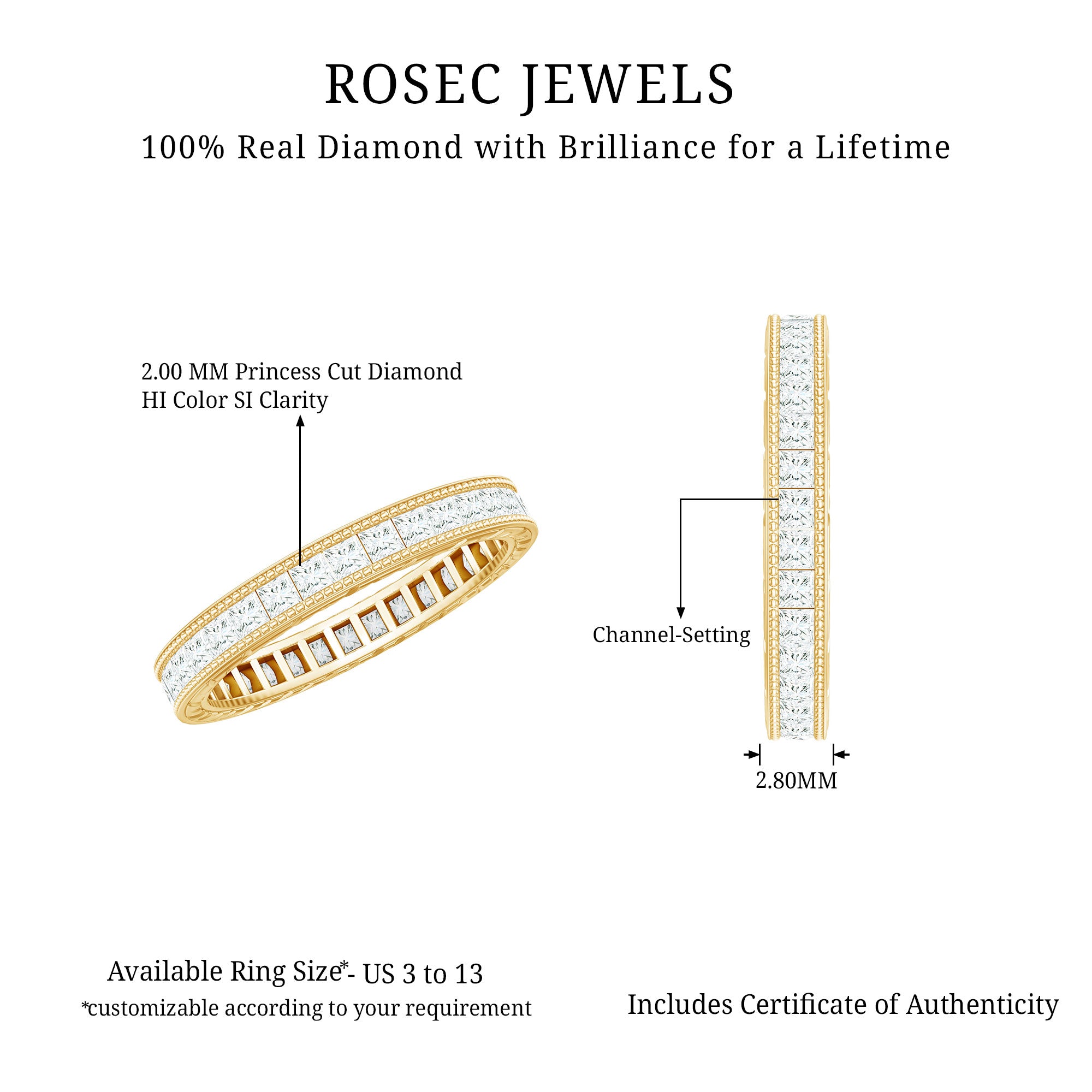Certified Princess Cut Lab Grown Diamond Eternity Wedding Band Lab - ( EF-VS ) - Rosec Jewels