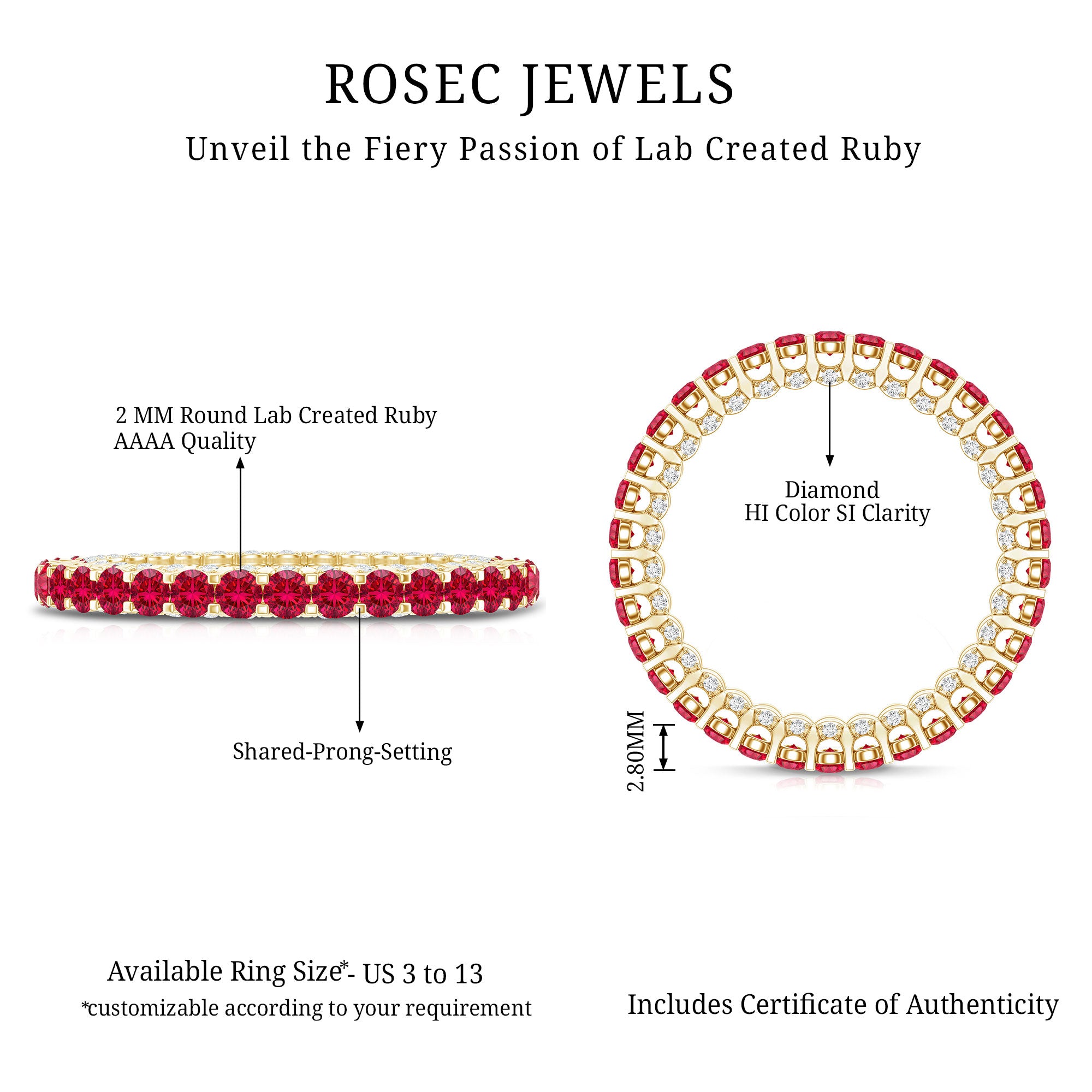 Round Shape Lab Grown Ruby and Diamond Eternity Wedding Band AAAA - Rosec Jewels