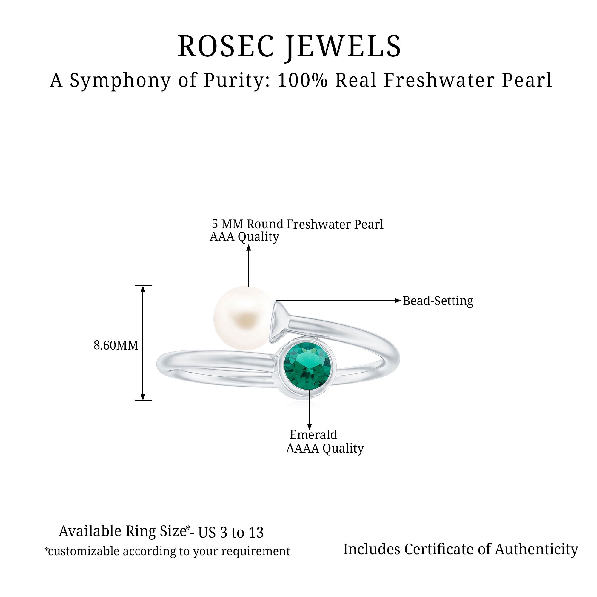 Natural Freshwater Pearl Toi Et Moi Promise Ring with Lab Emerald AAA - Rosec Jewels