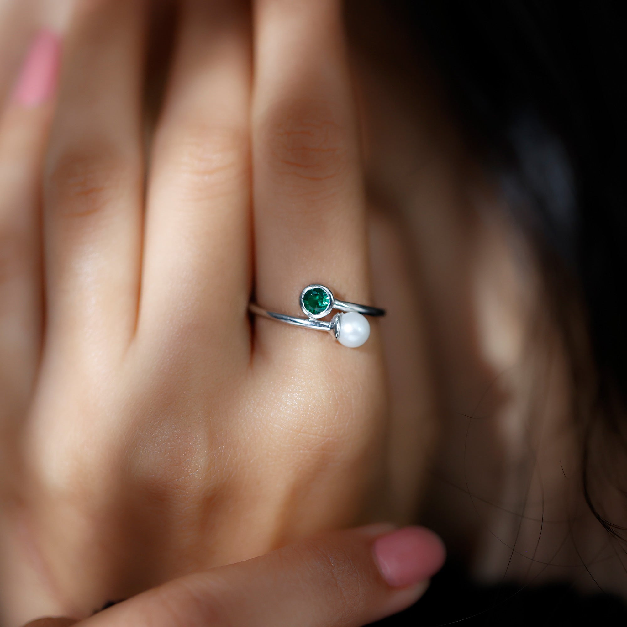 Natural Freshwater Pearl Toi Et Moi Promise Ring with Lab Emerald AAA - Rosec Jewels