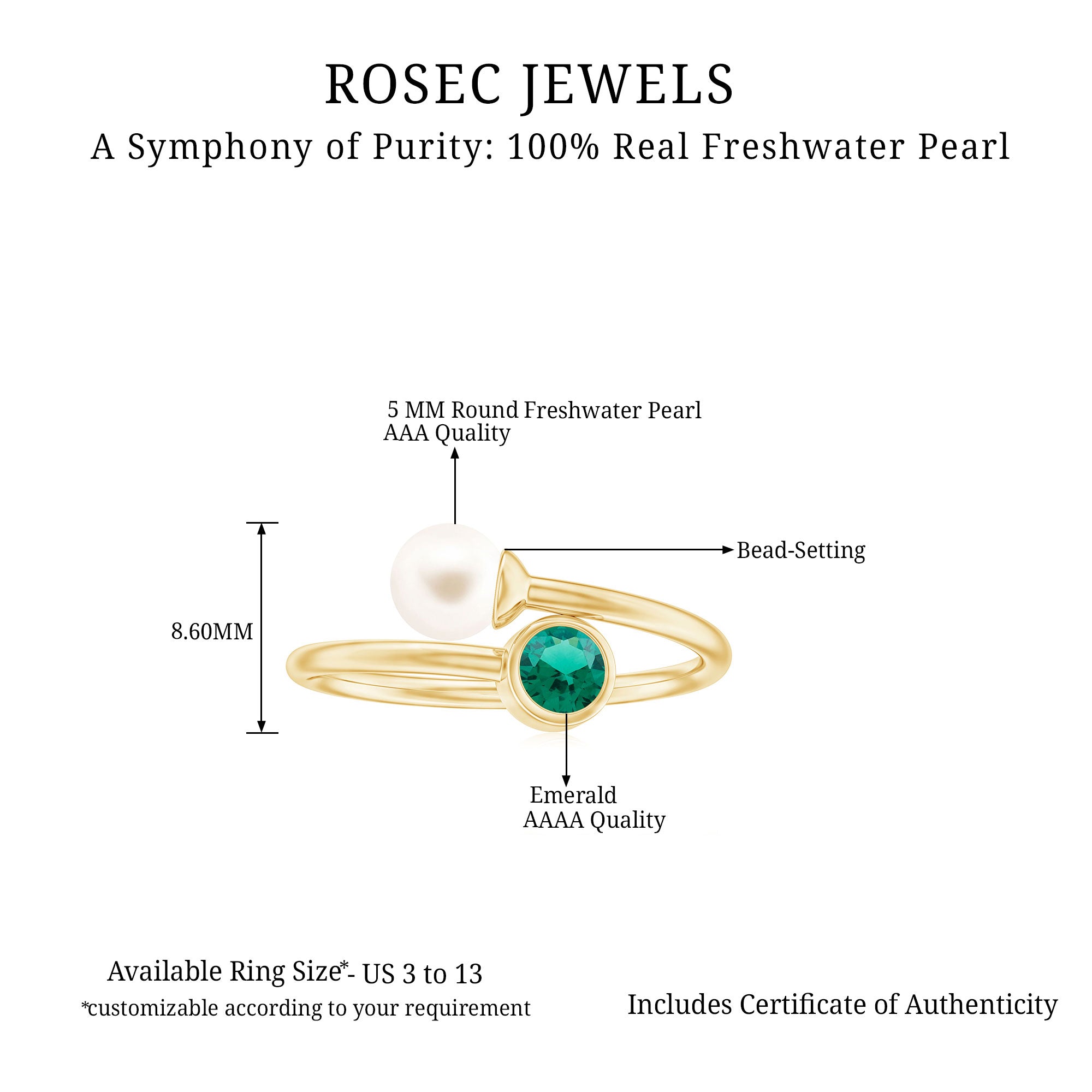 Natural Freshwater Pearl Toi Et Moi Promise Ring with Lab Emerald AAA - Rosec Jewels