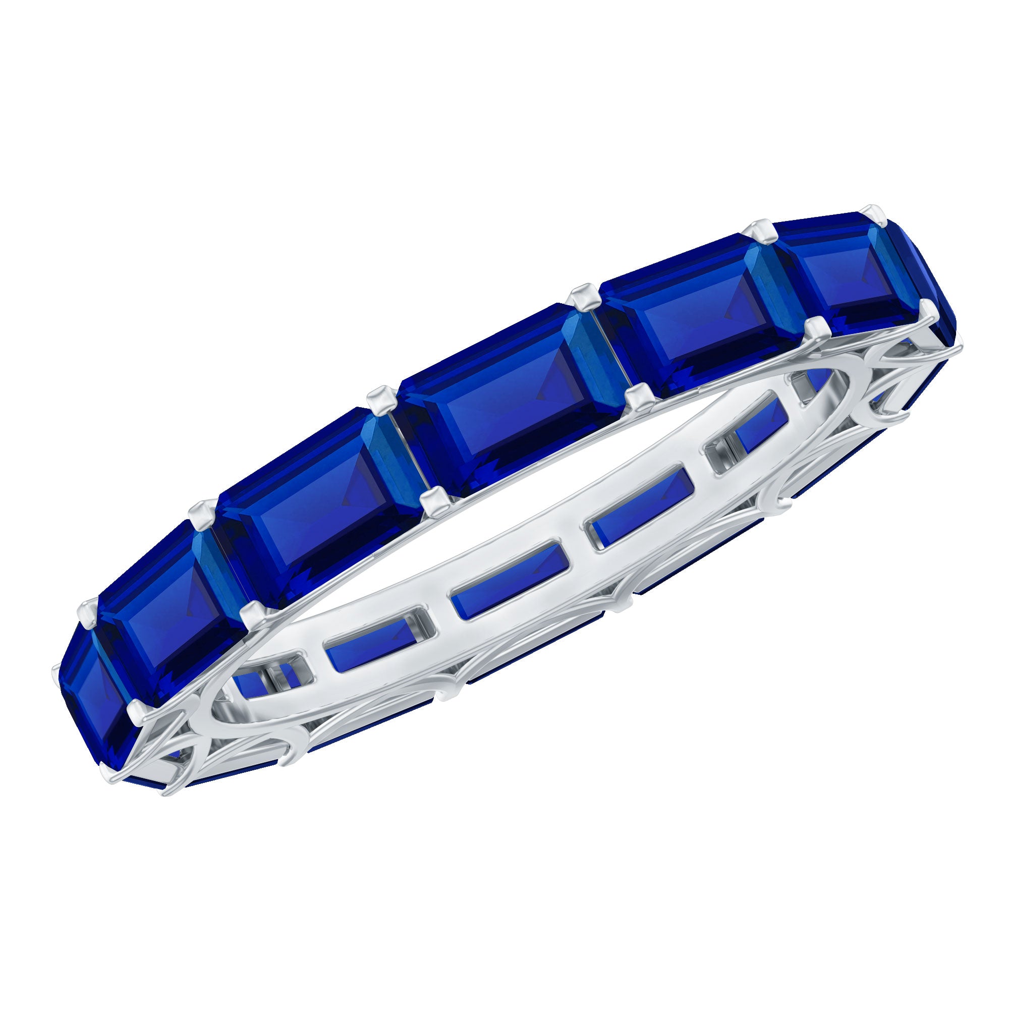 Certified Emerald Cut Lab Grown Blue Sapphire Eternity Band Ring in East West Style