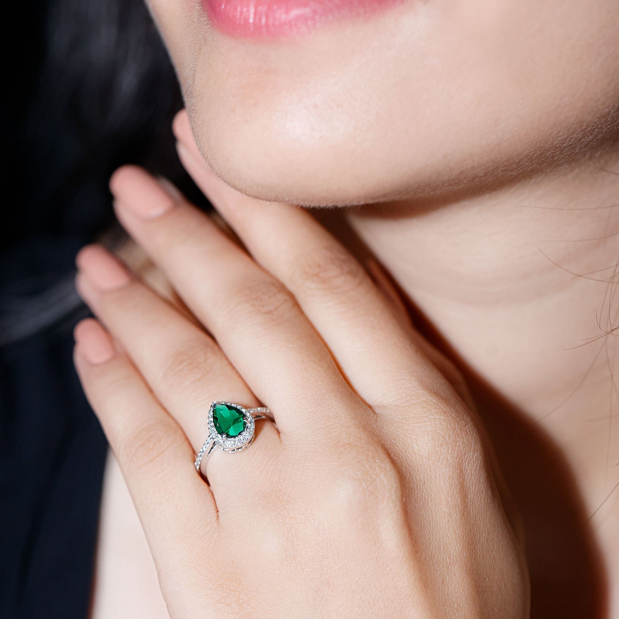 Certified Lab Grown Emerald Teardrop Engagement Ring with Diamond Halo AAAA - Rosec Jewels
