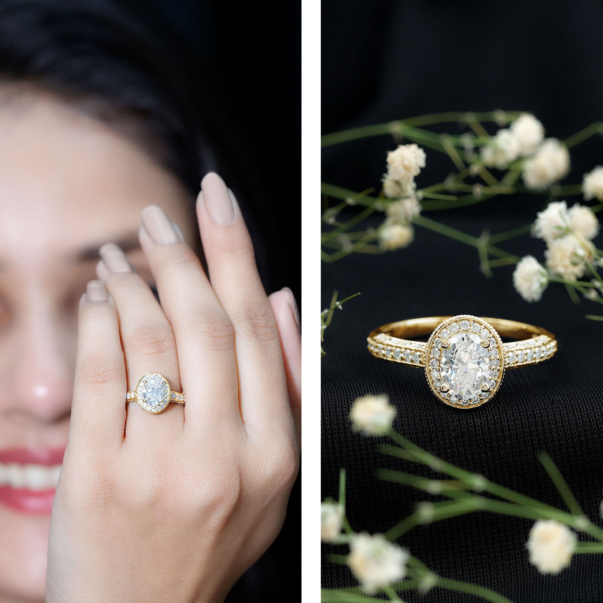 Rosec Jewels-6X8 MM Oval Moissanite Victorian Engagement Ring with Halo