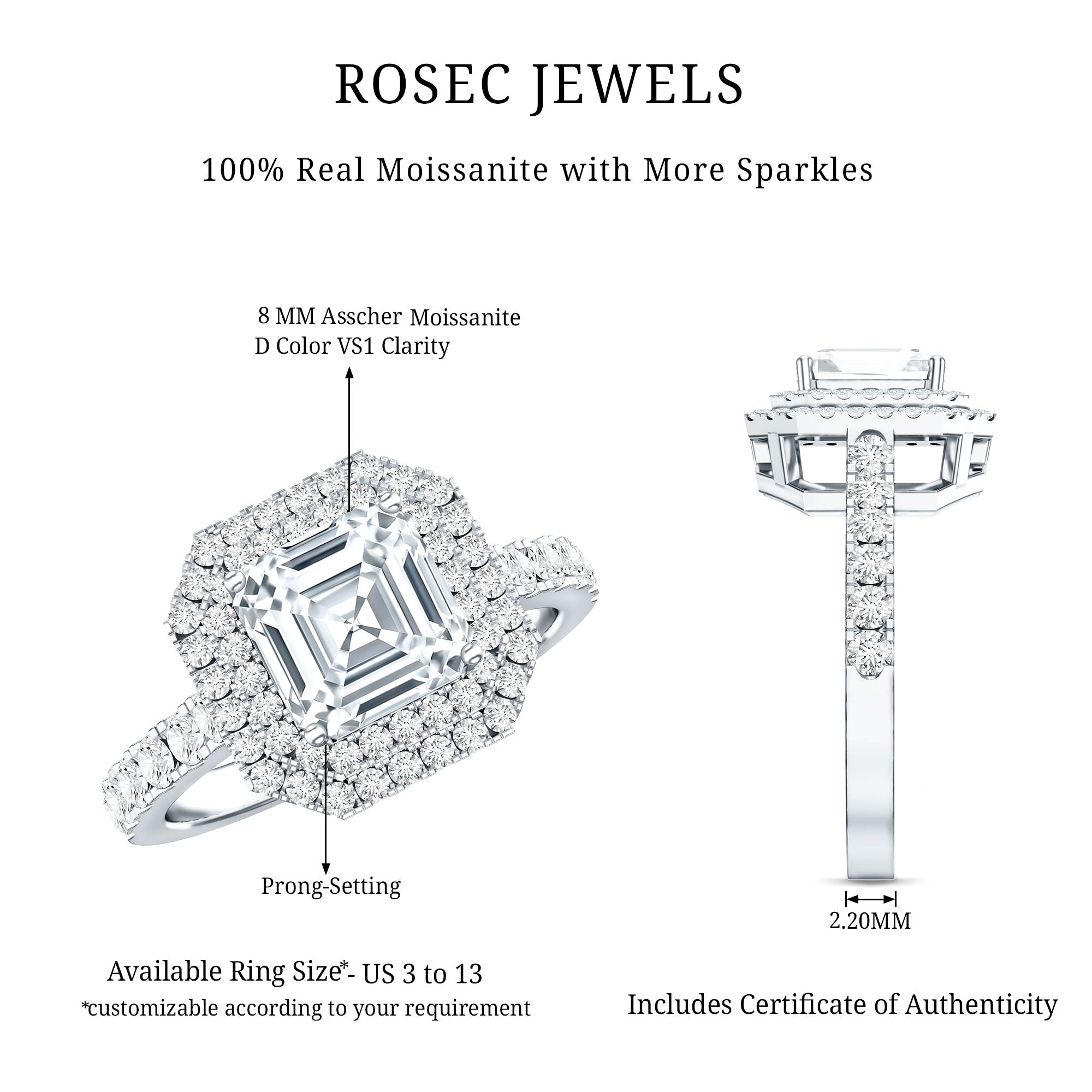 Certified Asscher Cut Moissanite Double Halo Engagement Ring D-VS1 - Rosec Jewels