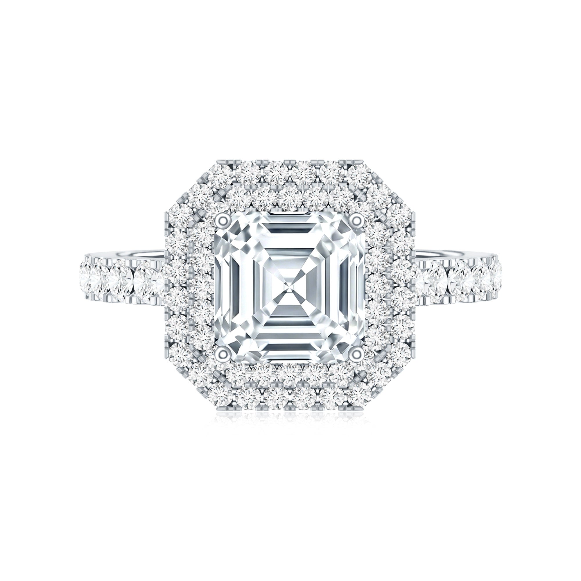 Certified Asscher Cut Moissanite Double Halo Engagement Ring D-VS1 - Rosec Jewels