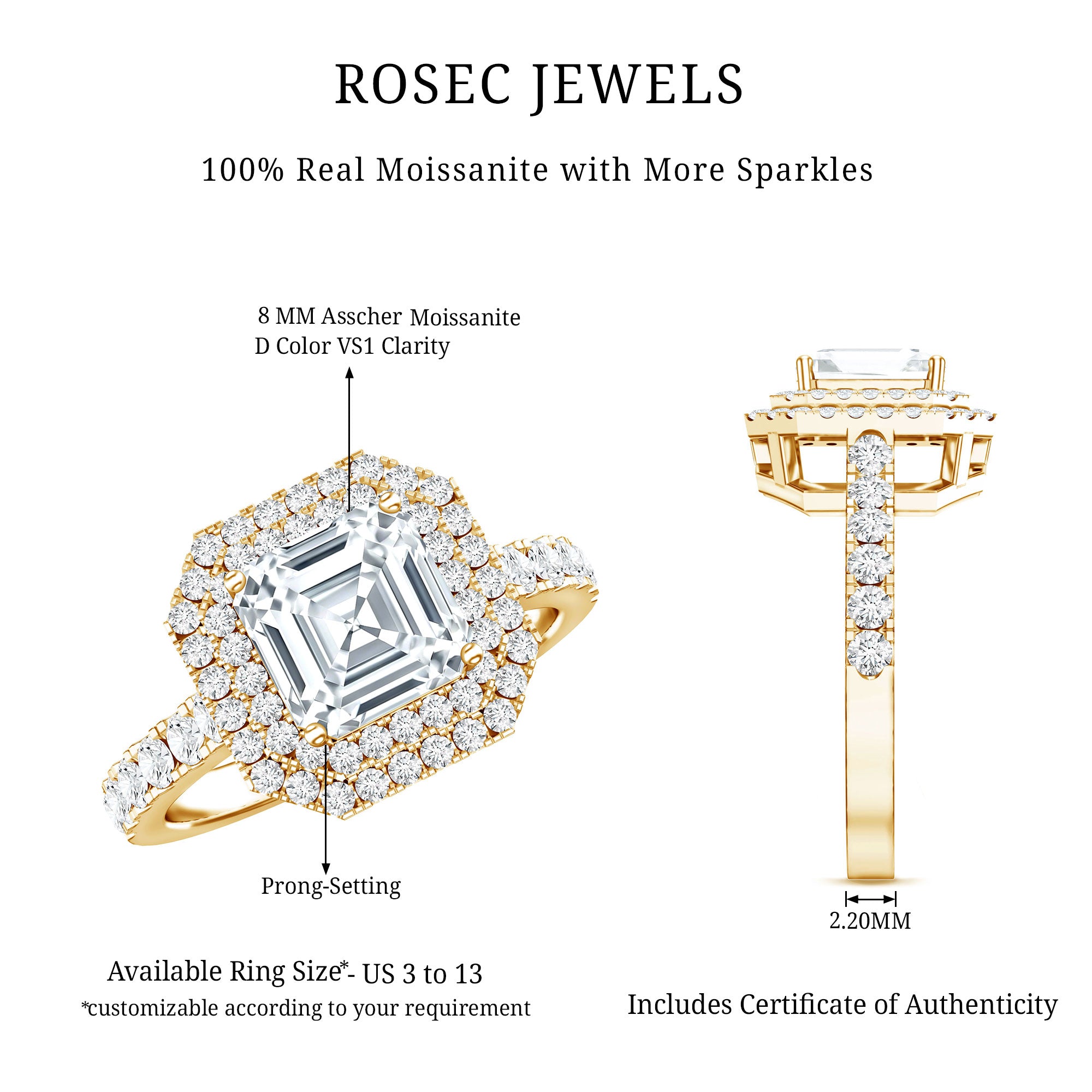 Certified Asscher Cut Moissanite Double Halo Engagement Ring D-VS1 - Rosec Jewels