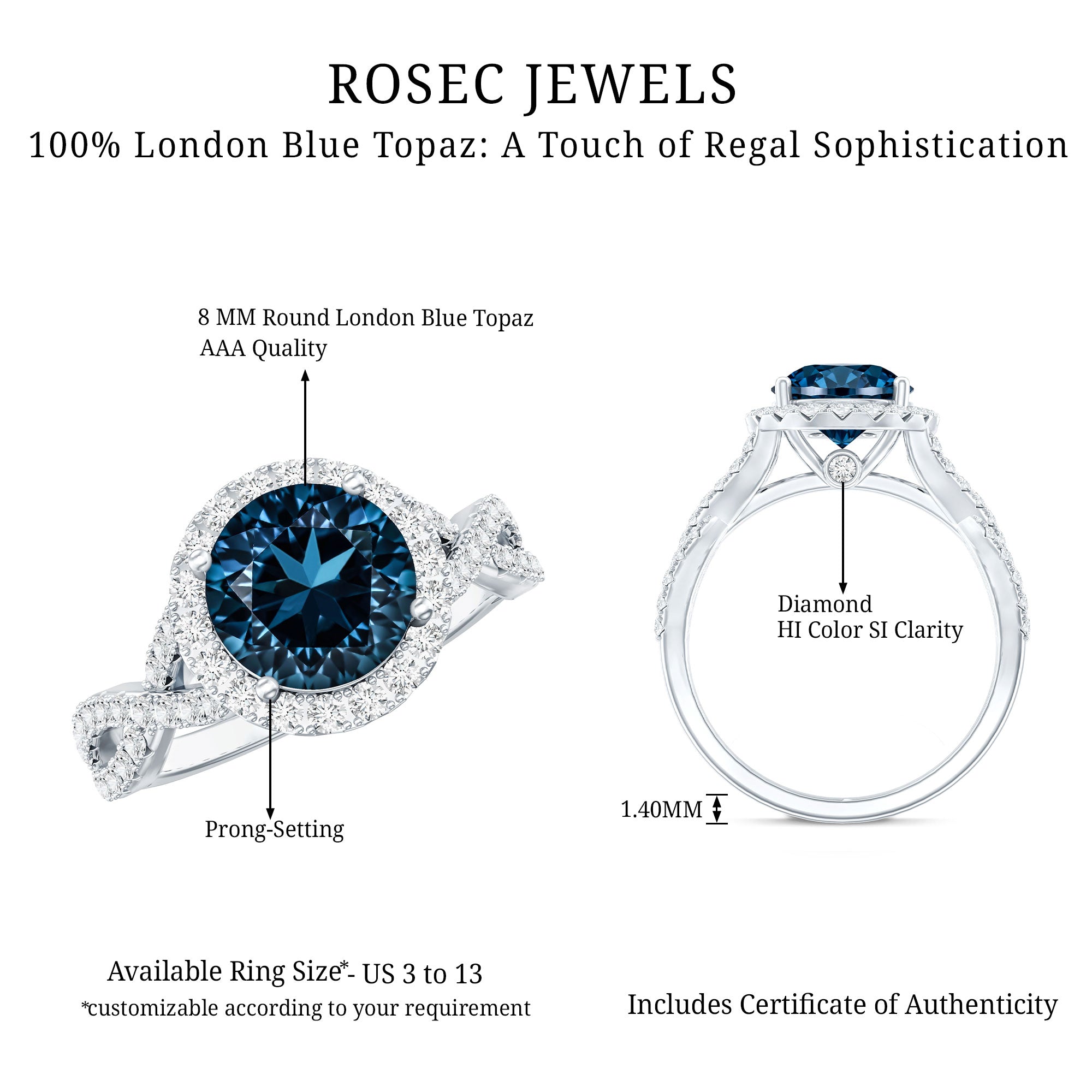 2 Carat Round London Blue Topaz Crossover Engagement Ring with Diamond Halo AAA - Rosec Jewels