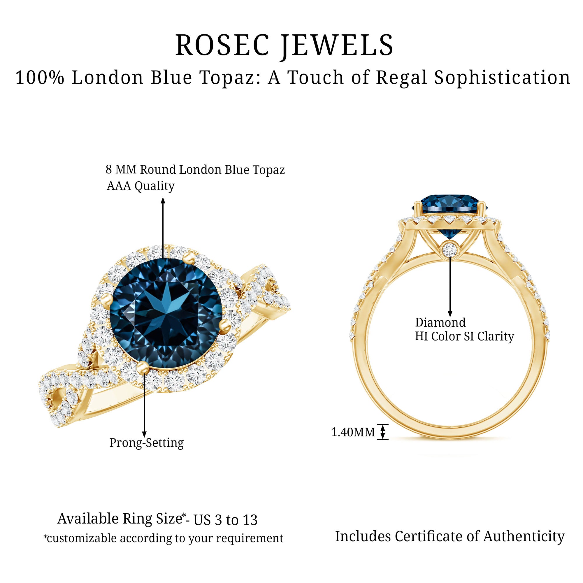 2 Carat Round London Blue Topaz Crossover Engagement Ring with Diamond Halo AAA - Rosec Jewels