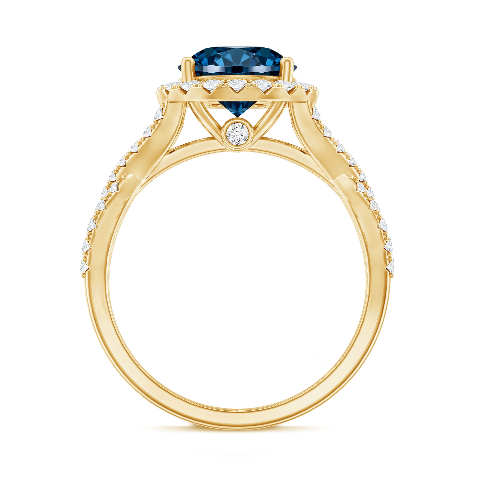2 Carat Round London Blue Topaz Crossover Engagement Ring with Diamond Halo AAA - Rosec Jewels