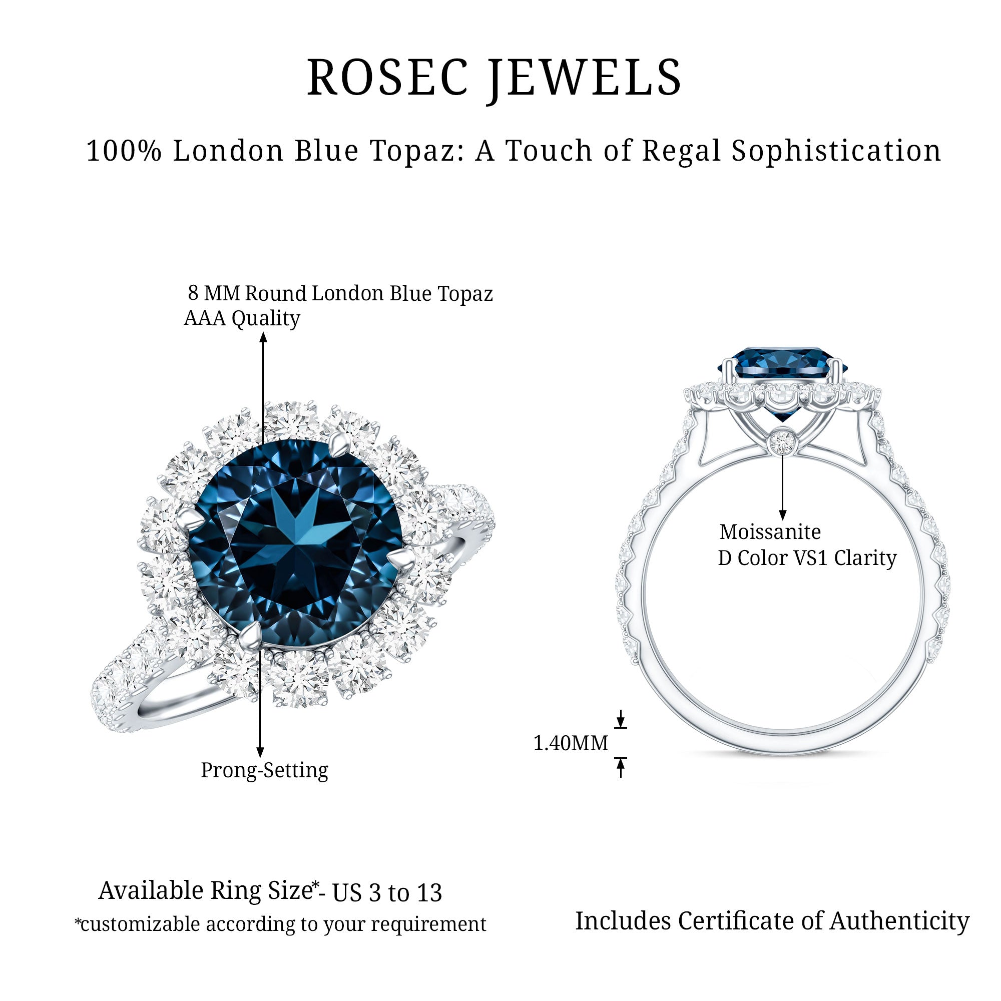 2 Carat Round London Blue Topaz Halo Engagement Ring with Moissanite AAA - Rosec Jewels