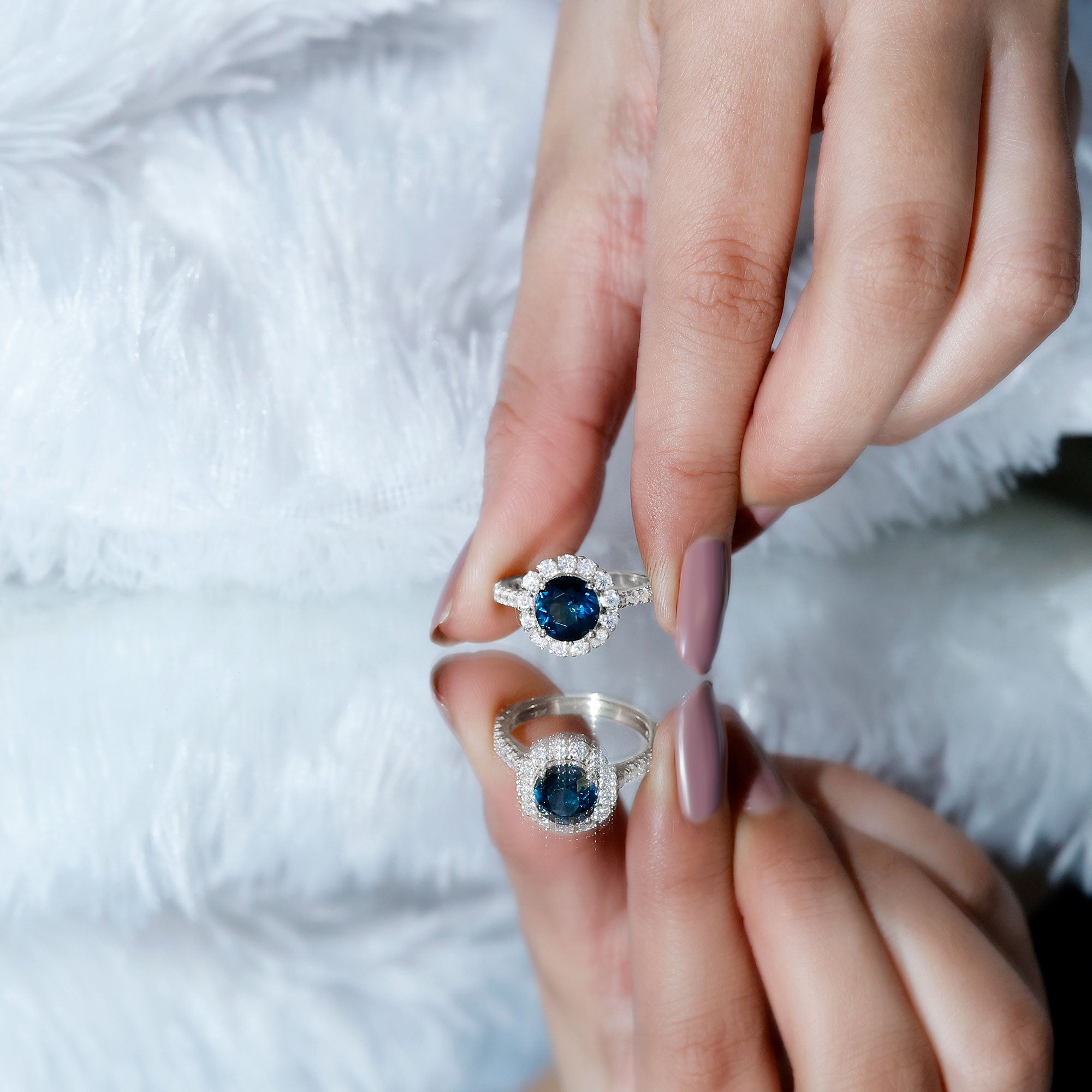 2 Carat Round London Blue Topaz Halo Engagement Ring with Moissanite AAA - Rosec Jewels