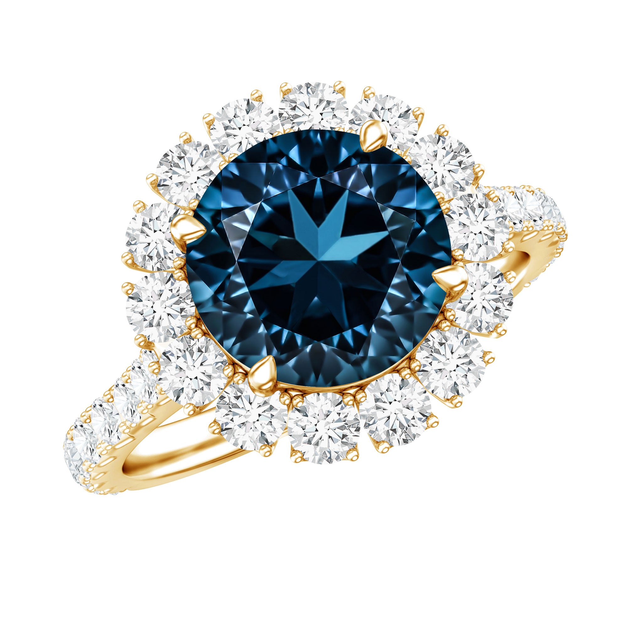 2 Carat Round London Blue Topaz Halo Engagement Ring with Moissanite AAA - Rosec Jewels