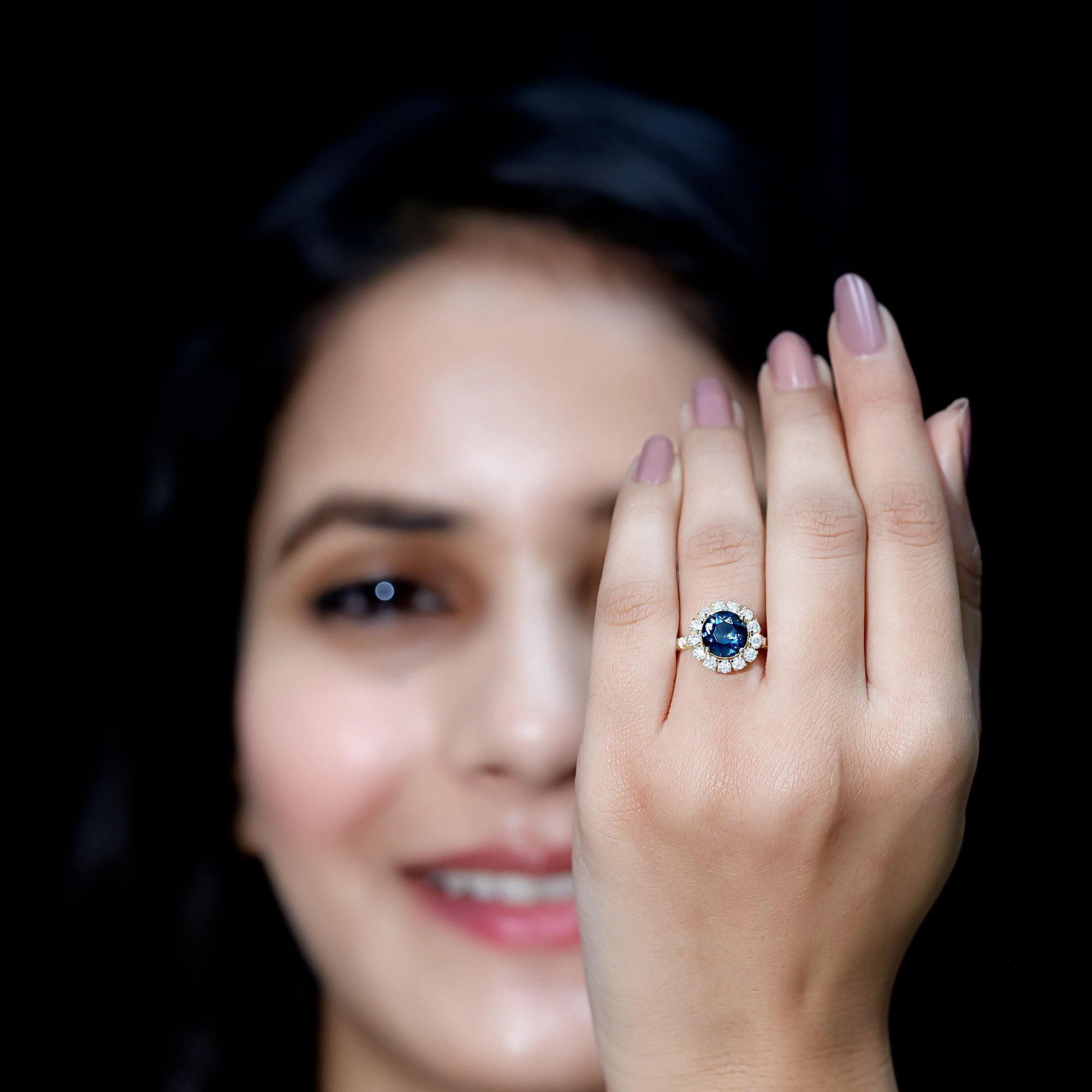 2 Carat Round London Blue Topaz Halo Engagement Ring with Moissanite AAA - Rosec Jewels