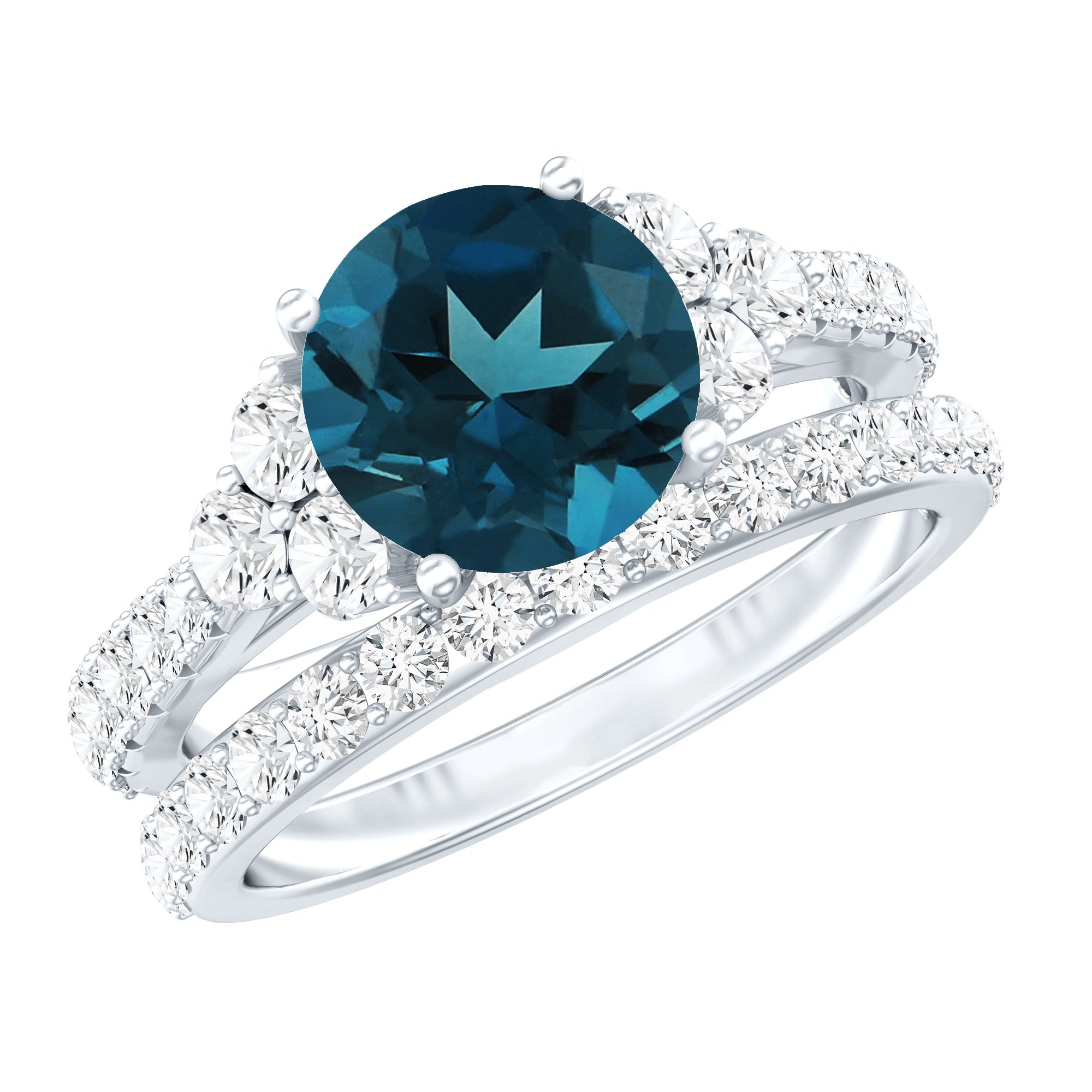 8 mm London Blue Topaz Wedding Ring Set with Moissanite Band