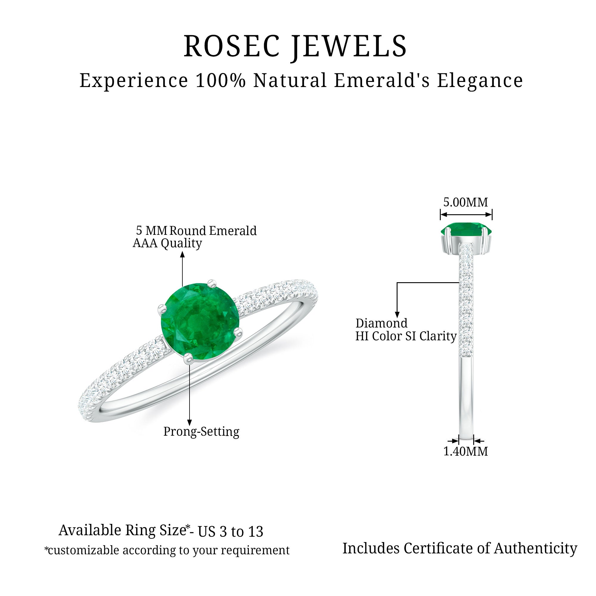 Natural Emerald Promise Ring with Diamond Side Stones AAA - Rosec Jewels