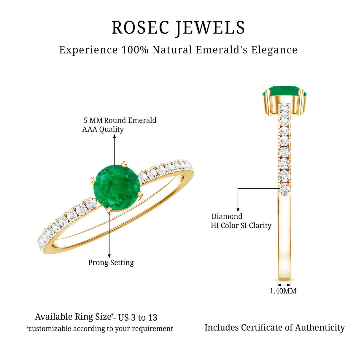 Natural Emerald Promise Ring with Diamond Side Stones AAA - Rosec Jewels