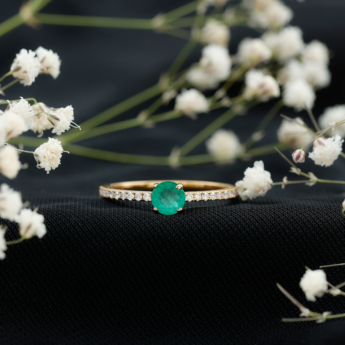 Natural Emerald Promise Ring with Diamond Side Stones AAA - Rosec Jewels