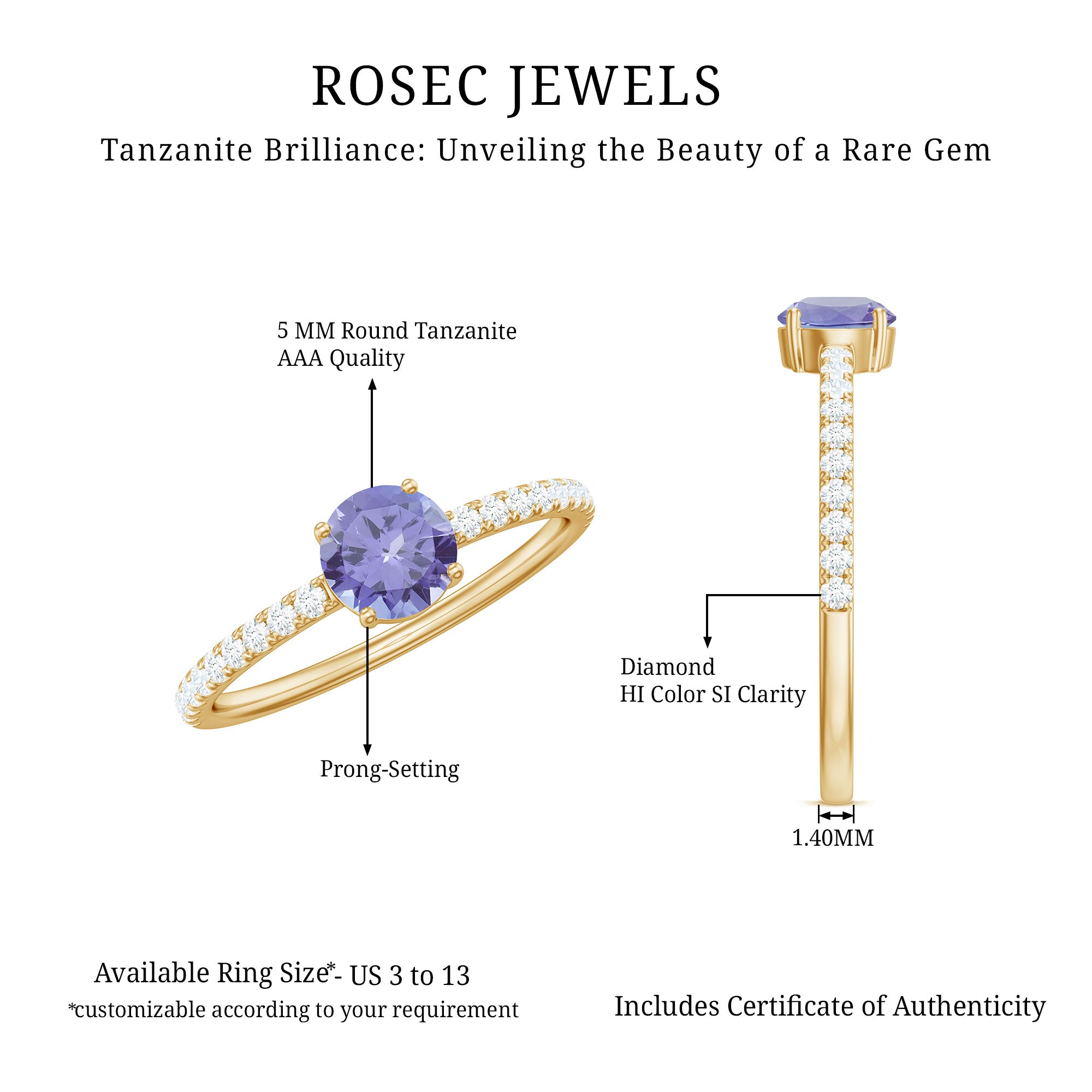 Certified Real Solitaire Tanzanite Promise Ring with Diamond AAA - Rosec Jewels