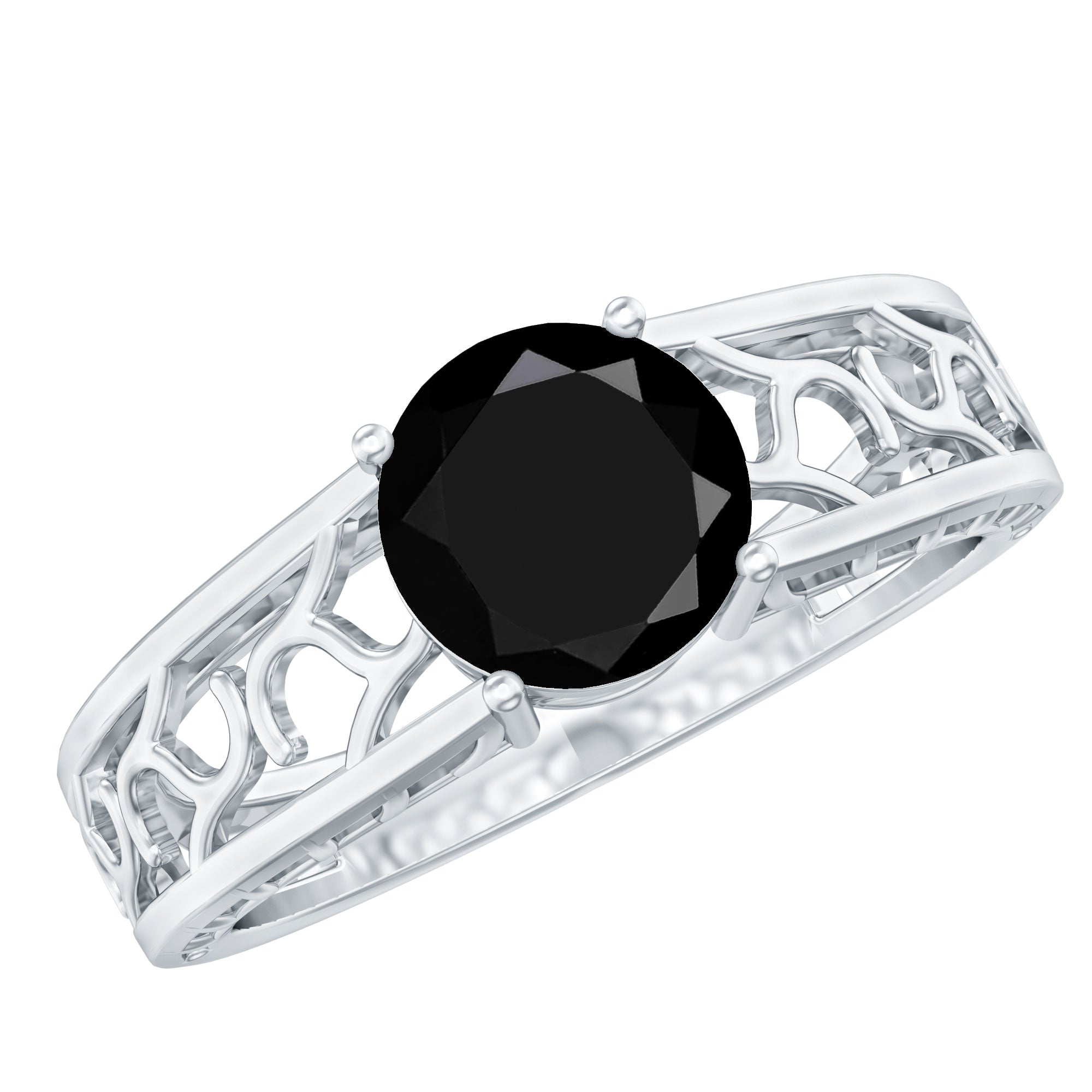 Black Onyx Solitaire Band Ring with Cut Work
