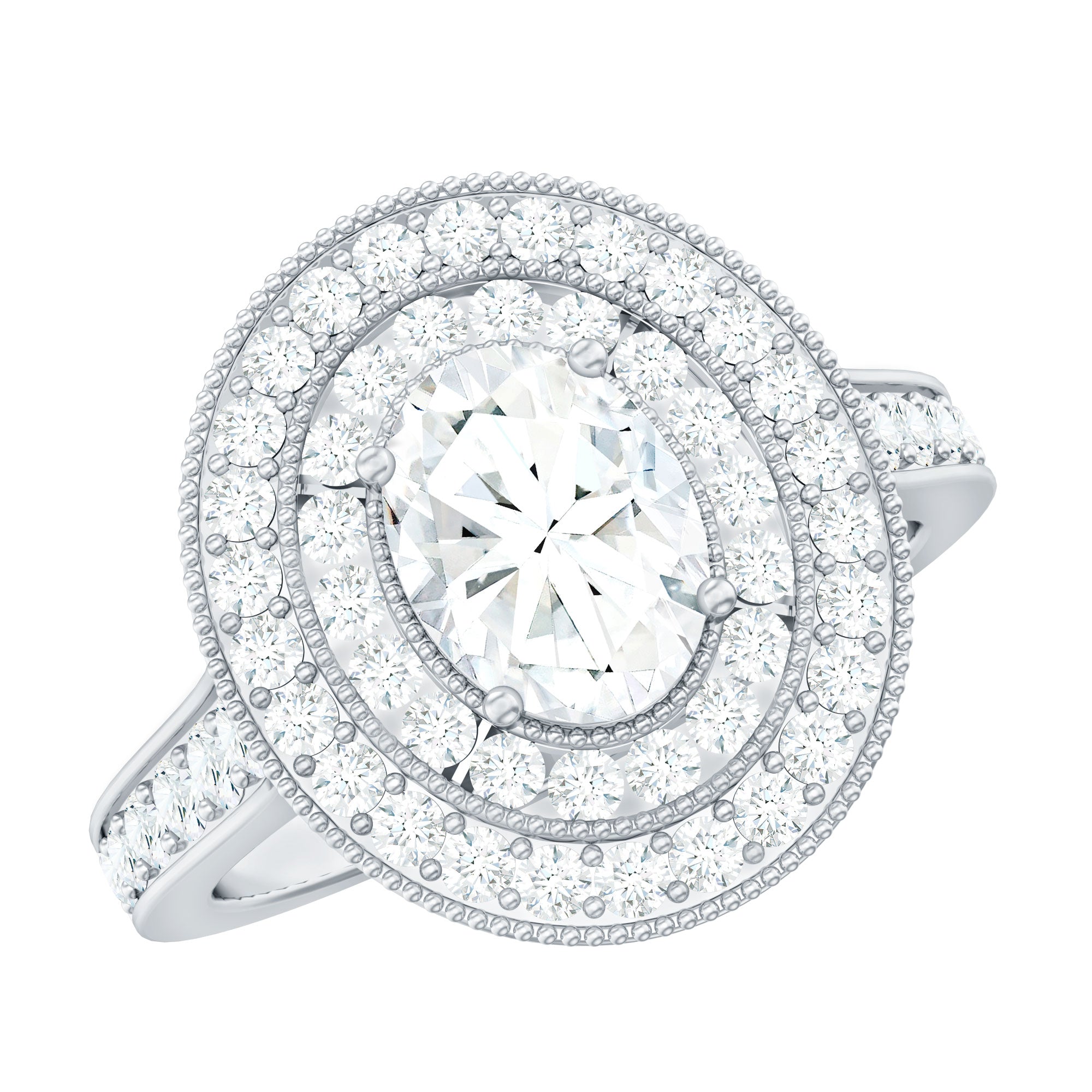 Rosec Jewels-Milgrain Embellished Oval Moissanite Double Halo Engagement Ring