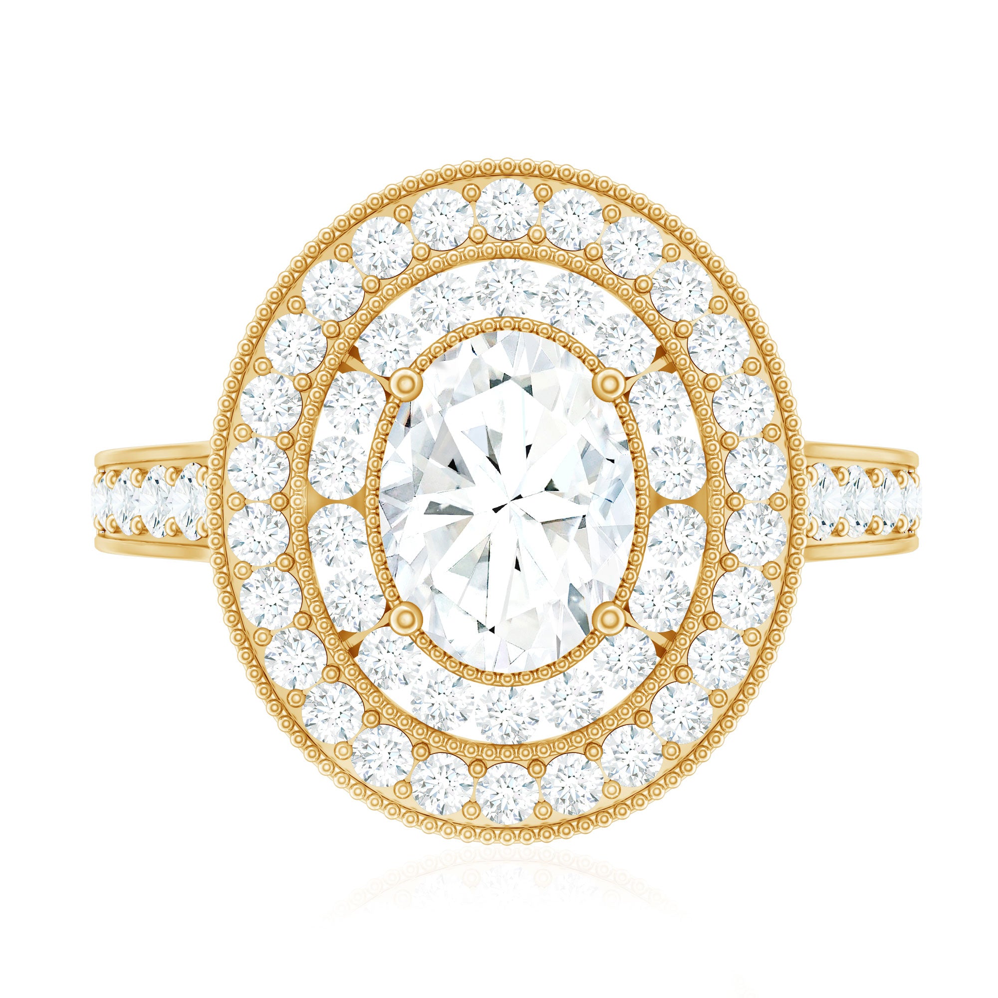 Rosec Jewels-Milgrain Embellished Oval Moissanite Double Halo Engagement Ring