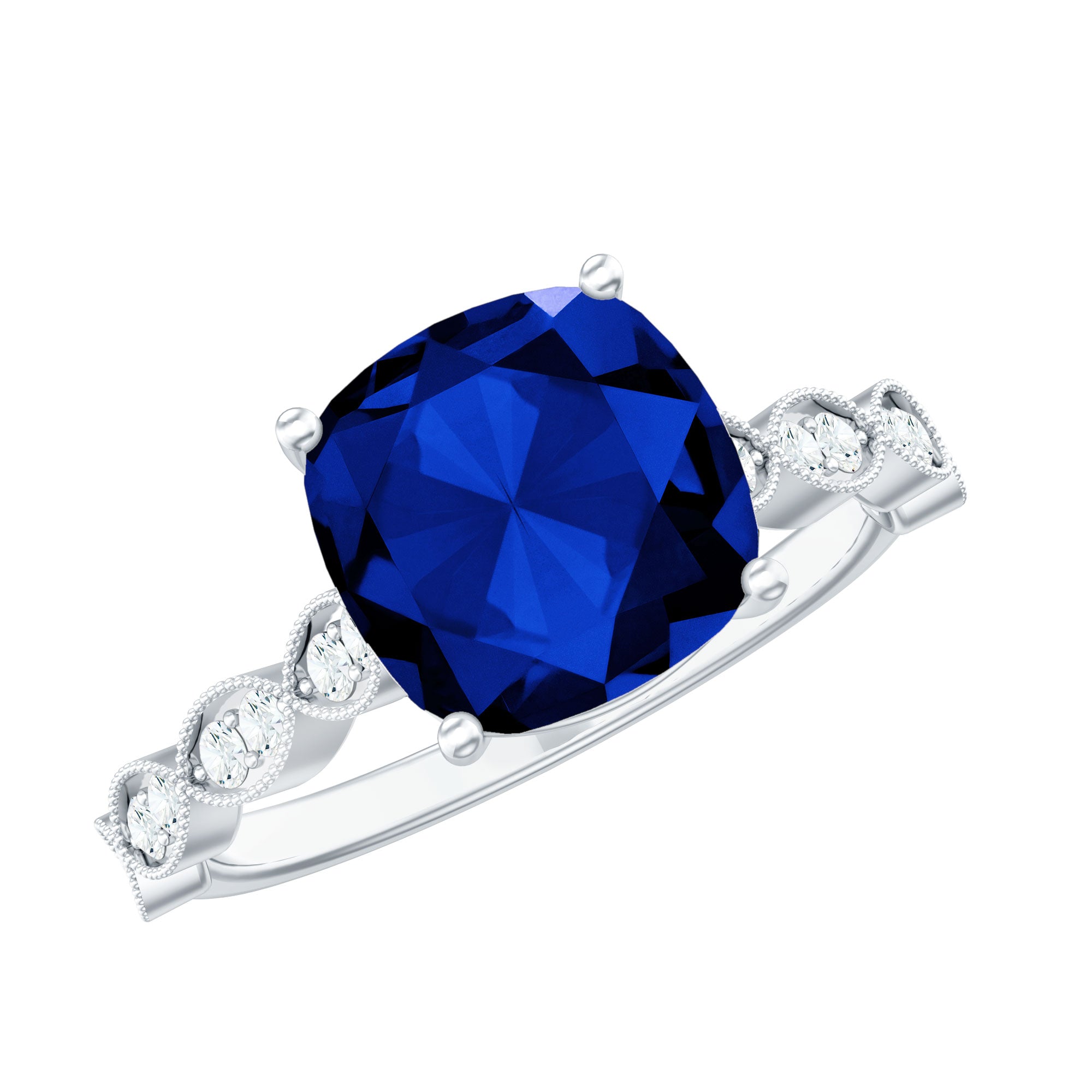 Cushion Cut Lab Grown Blue Sapphire Solitaire Engagement Ring with Diamond