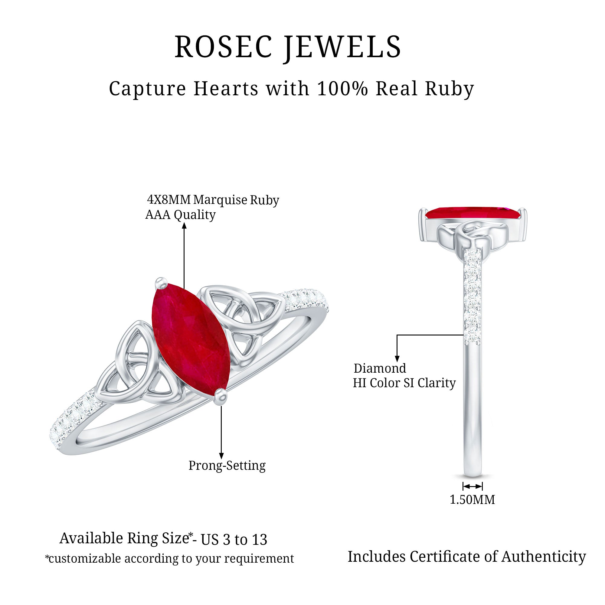 Natural 0.75 Carat Marquise Ruby Diamond Engagement Ring with Celtic Knot AAA - Rosec Jewels