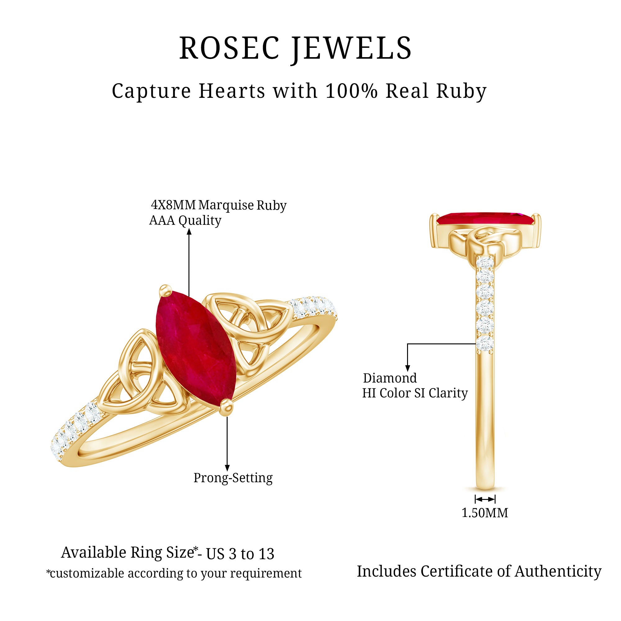 Natural 0.75 Carat Marquise Ruby Diamond Engagement Ring with Celtic Knot AAA - Rosec Jewels