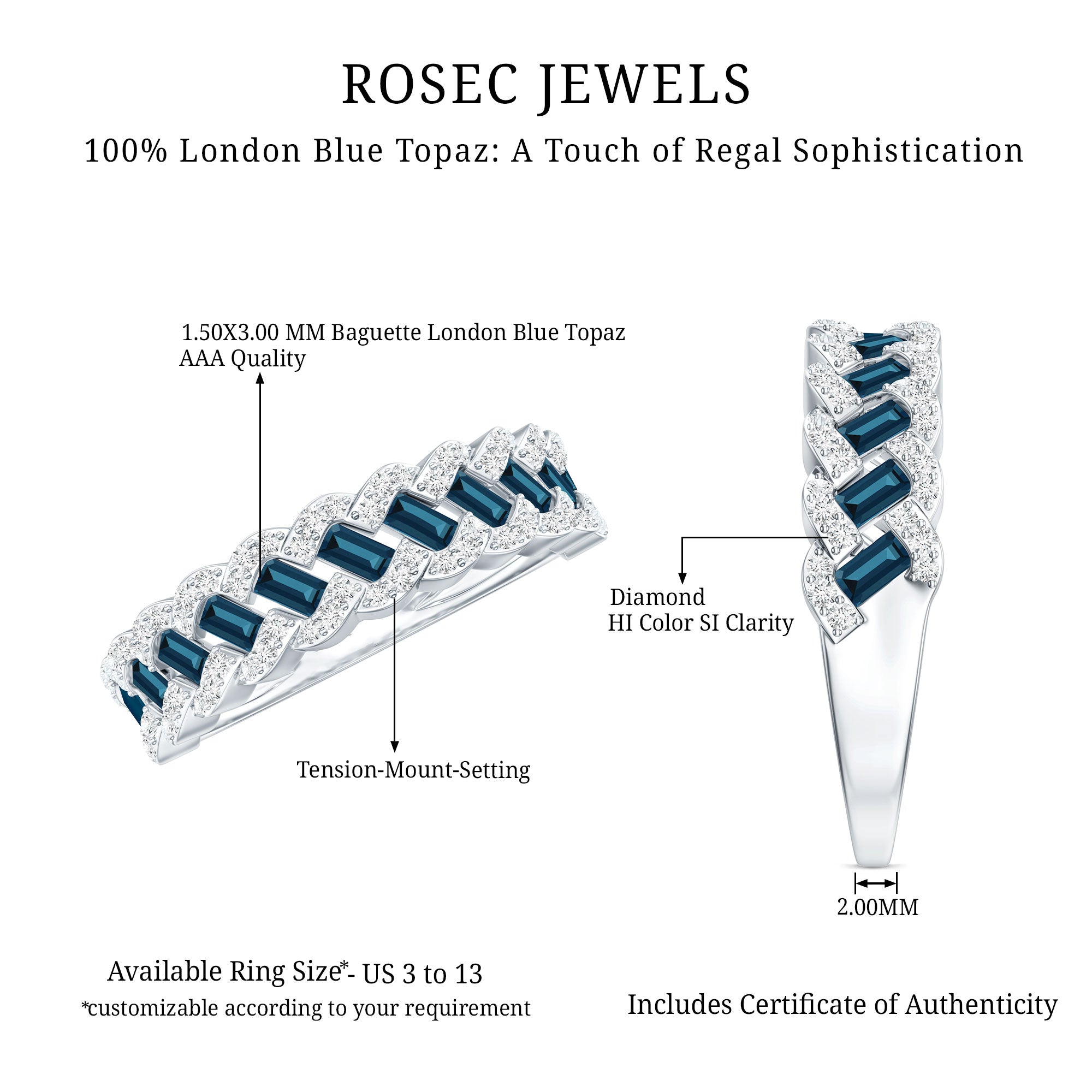Real London Blue Topaz and Diamond Wedding Ring For Women AAA - Rosec Jewels