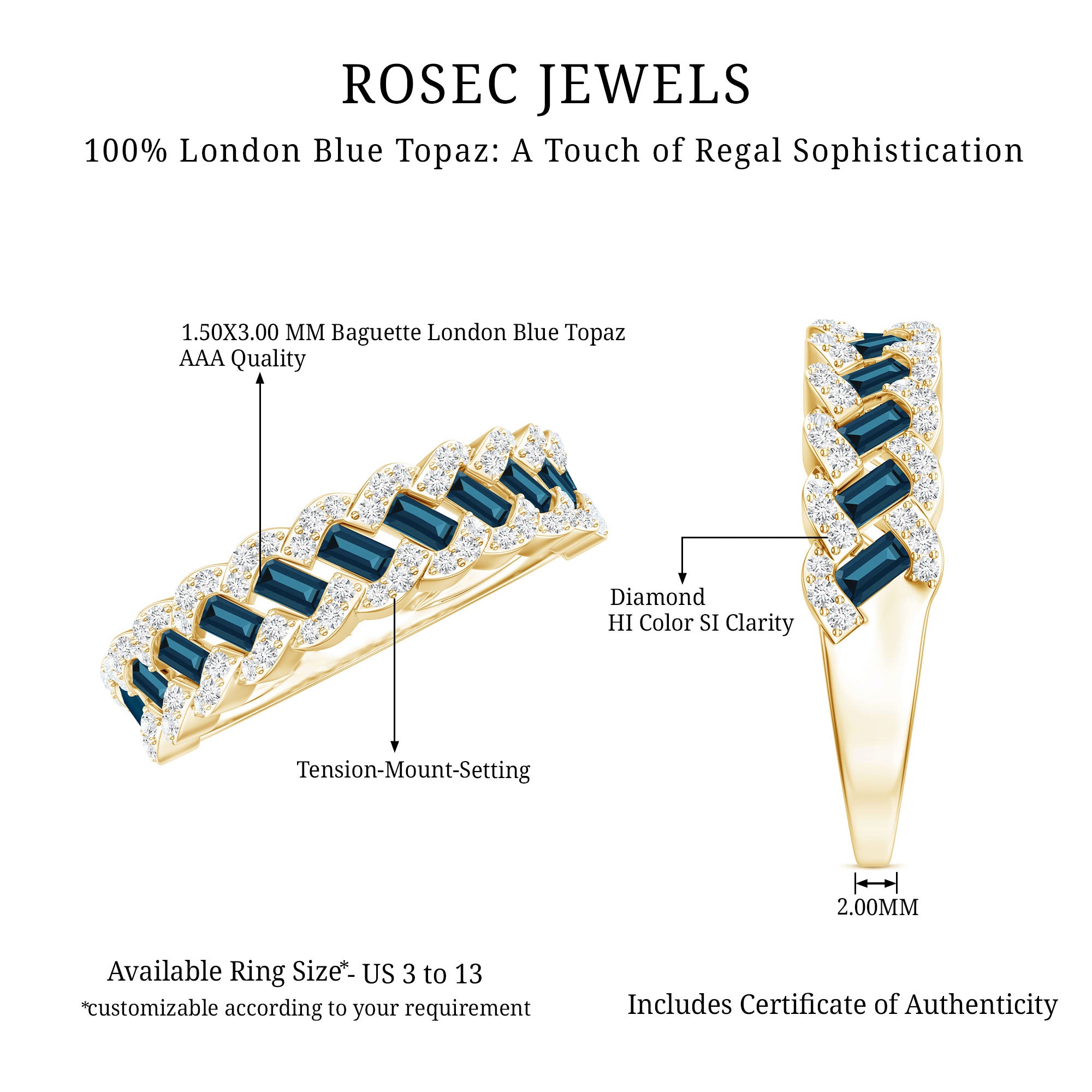Real London Blue Topaz and Diamond Wedding Ring For Women AAA - Rosec Jewels