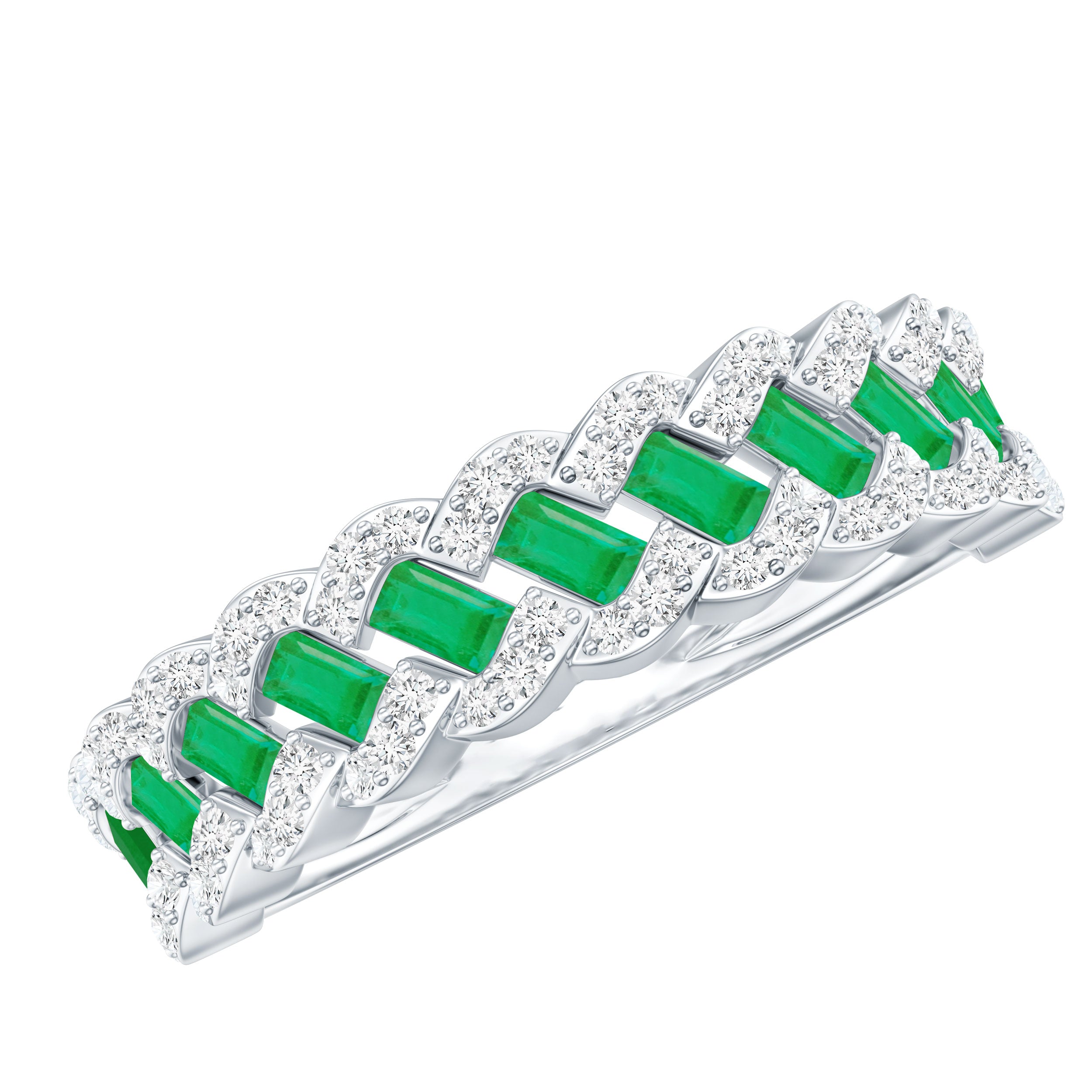 Baguette Emerald and Diamond Braided Half Eternity Band Ring AAA - Rosec Jewels