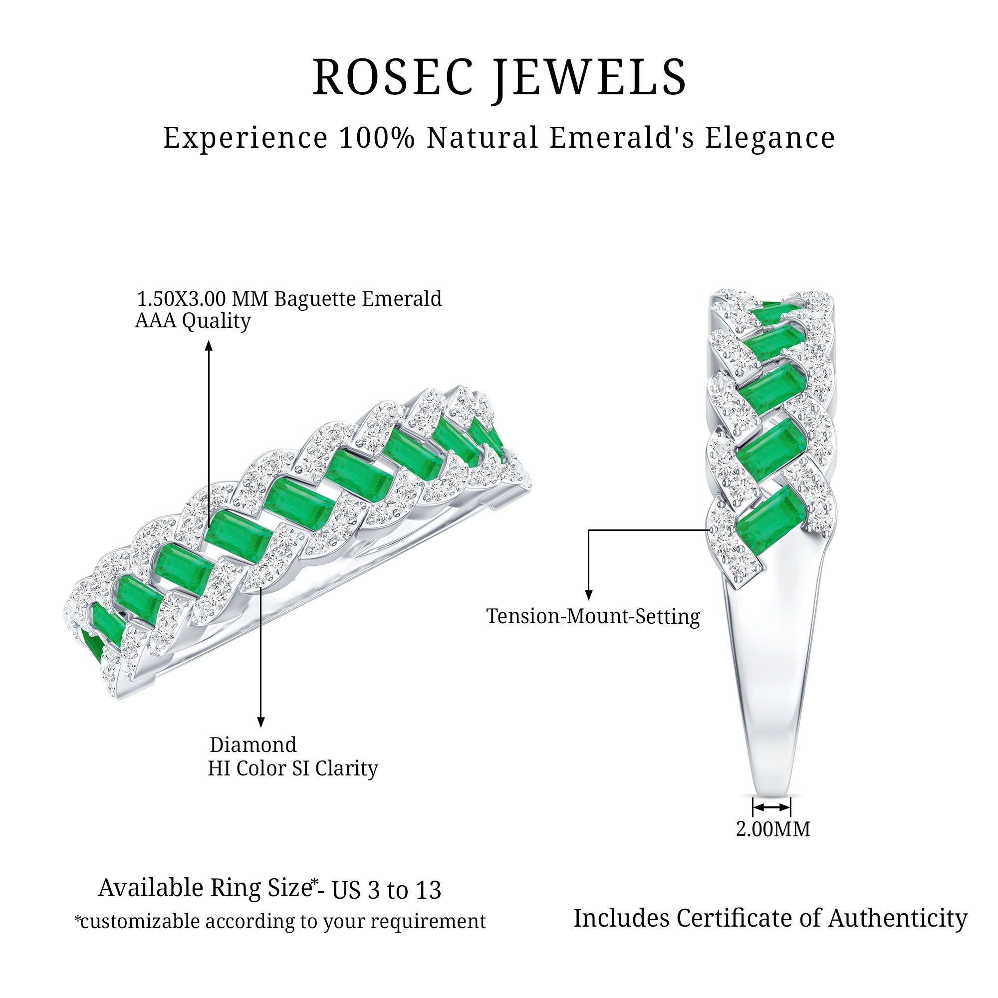 Baguette Emerald and Diamond Braided Half Eternity Band Ring AAA - Rosec Jewels