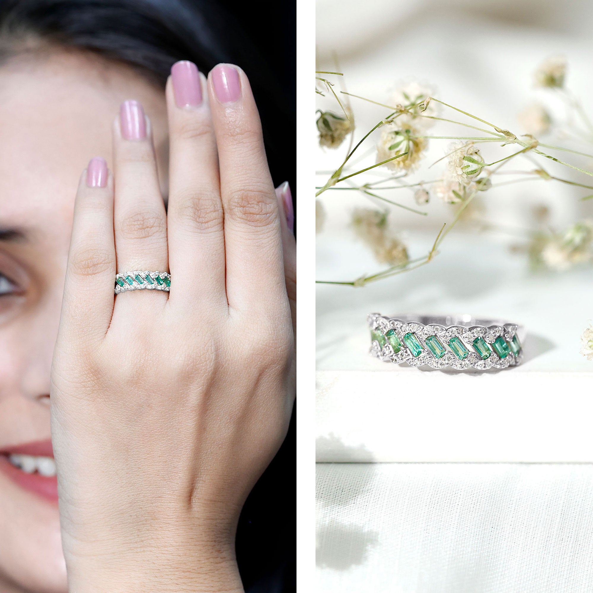 Baguette Emerald and Diamond Braided Half Eternity Band Ring AAA - Rosec Jewels