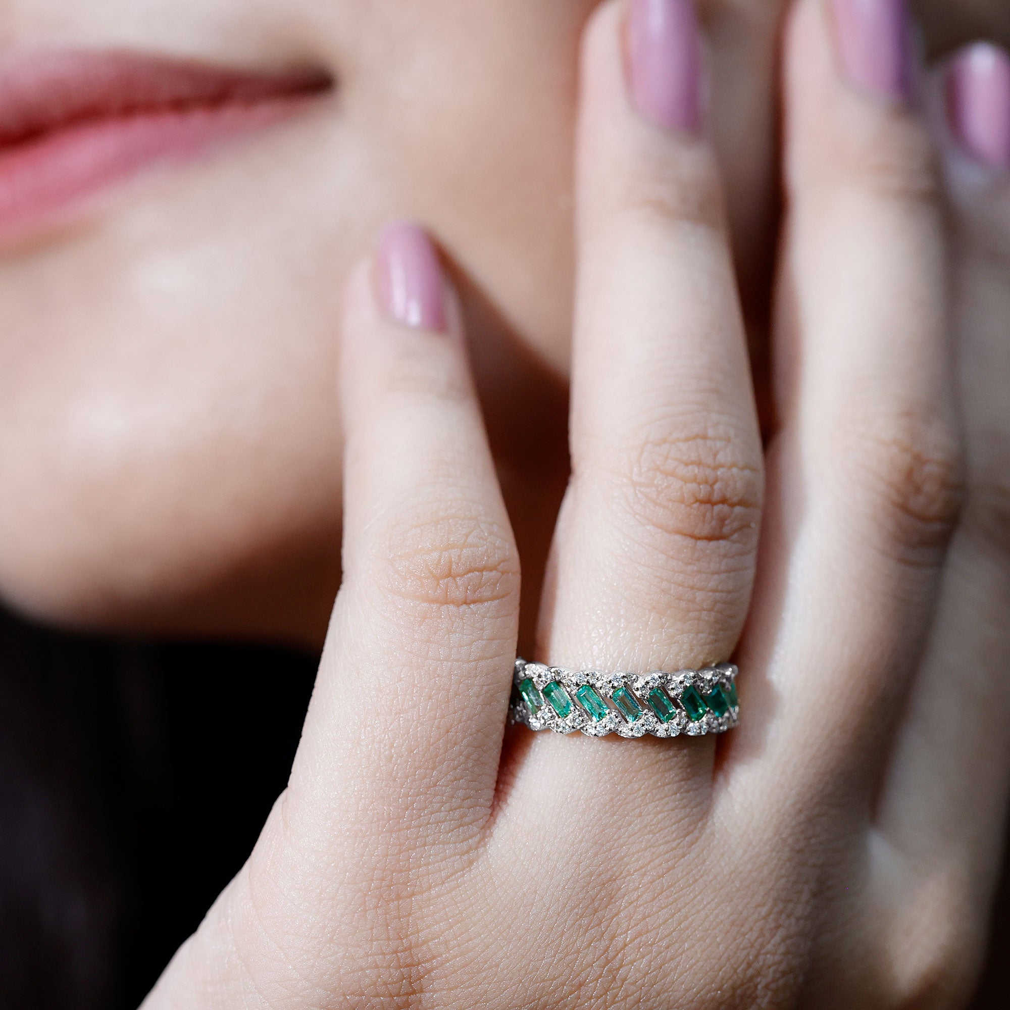 Baguette Emerald and Diamond Braided Half Eternity Band Ring AAA - Rosec Jewels
