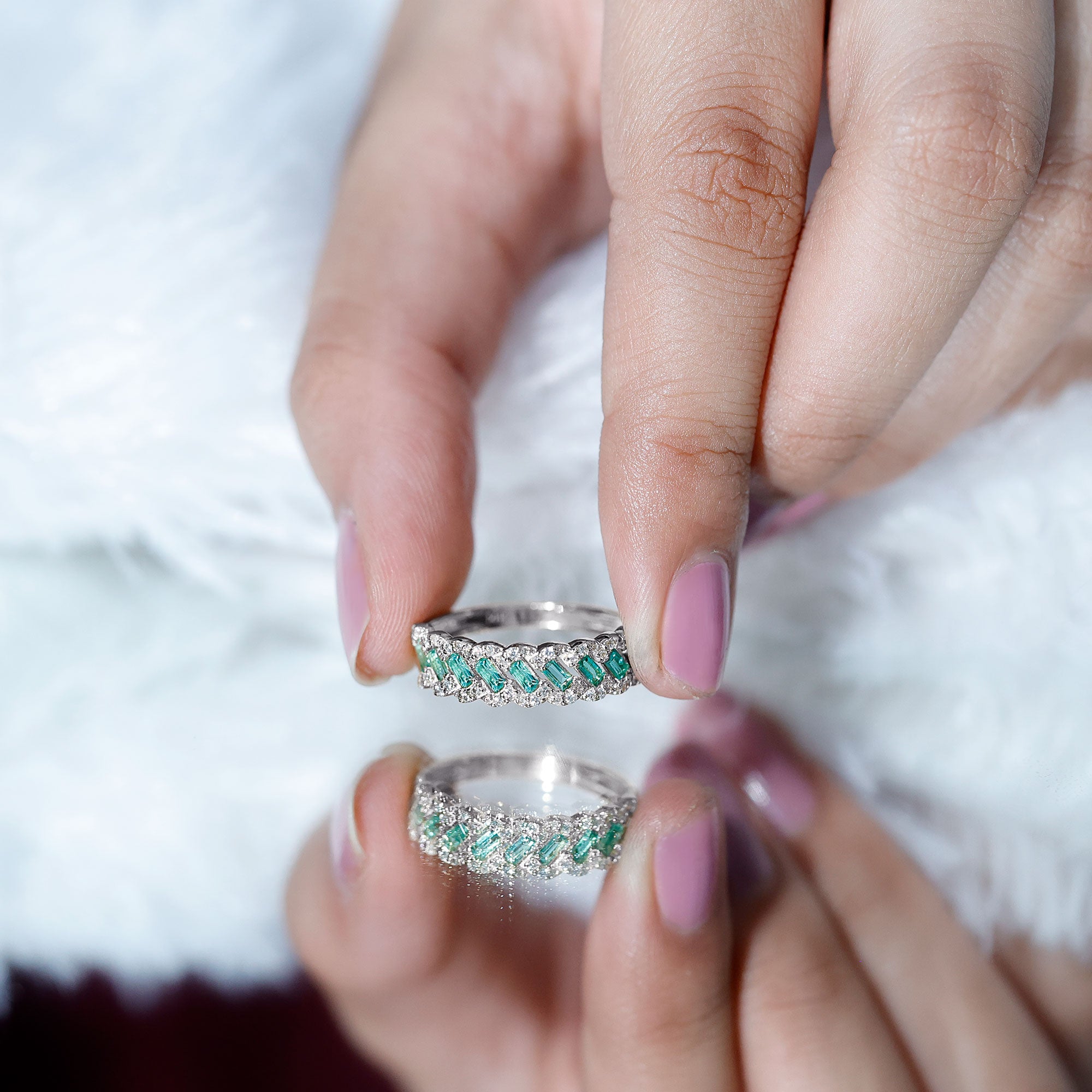 Baguette Emerald and Diamond Braided Half Eternity Band Ring AAA - Rosec Jewels