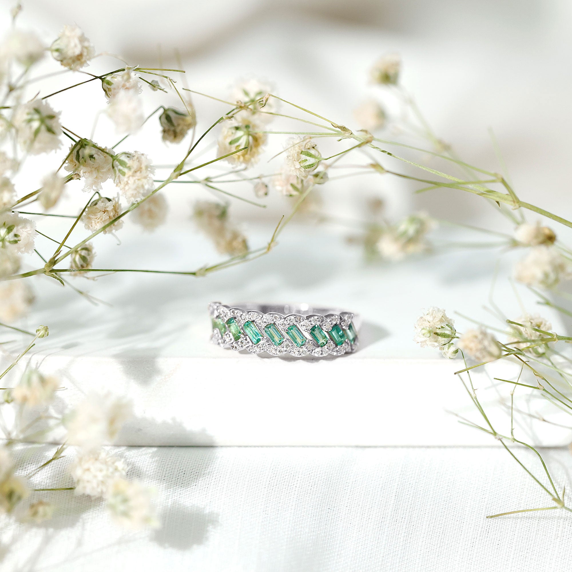 Baguette Emerald and Diamond Braided Half Eternity Band Ring AAA - Rosec Jewels
