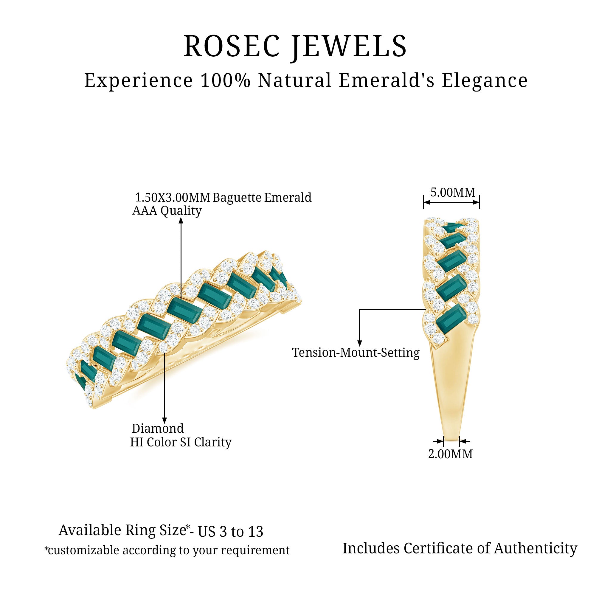 Baguette Emerald and Diamond Braided Half Eternity Band Ring AAA - Rosec Jewels