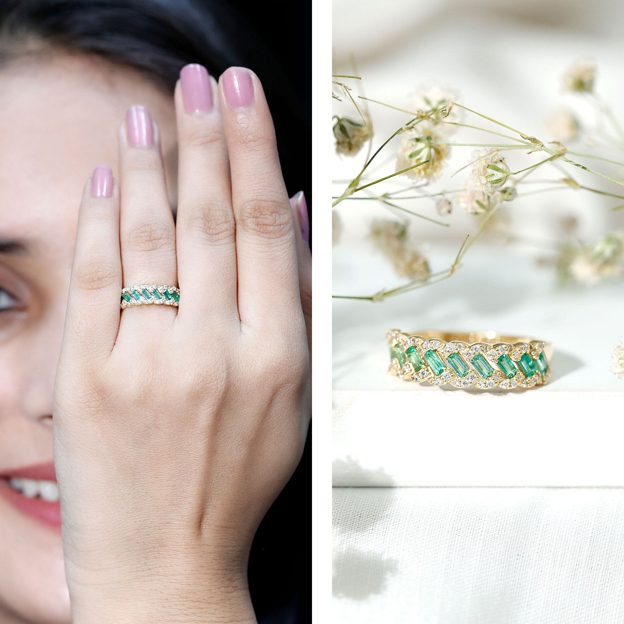 Baguette Emerald and Diamond Braided Half Eternity Band Ring AAA - Rosec Jewels