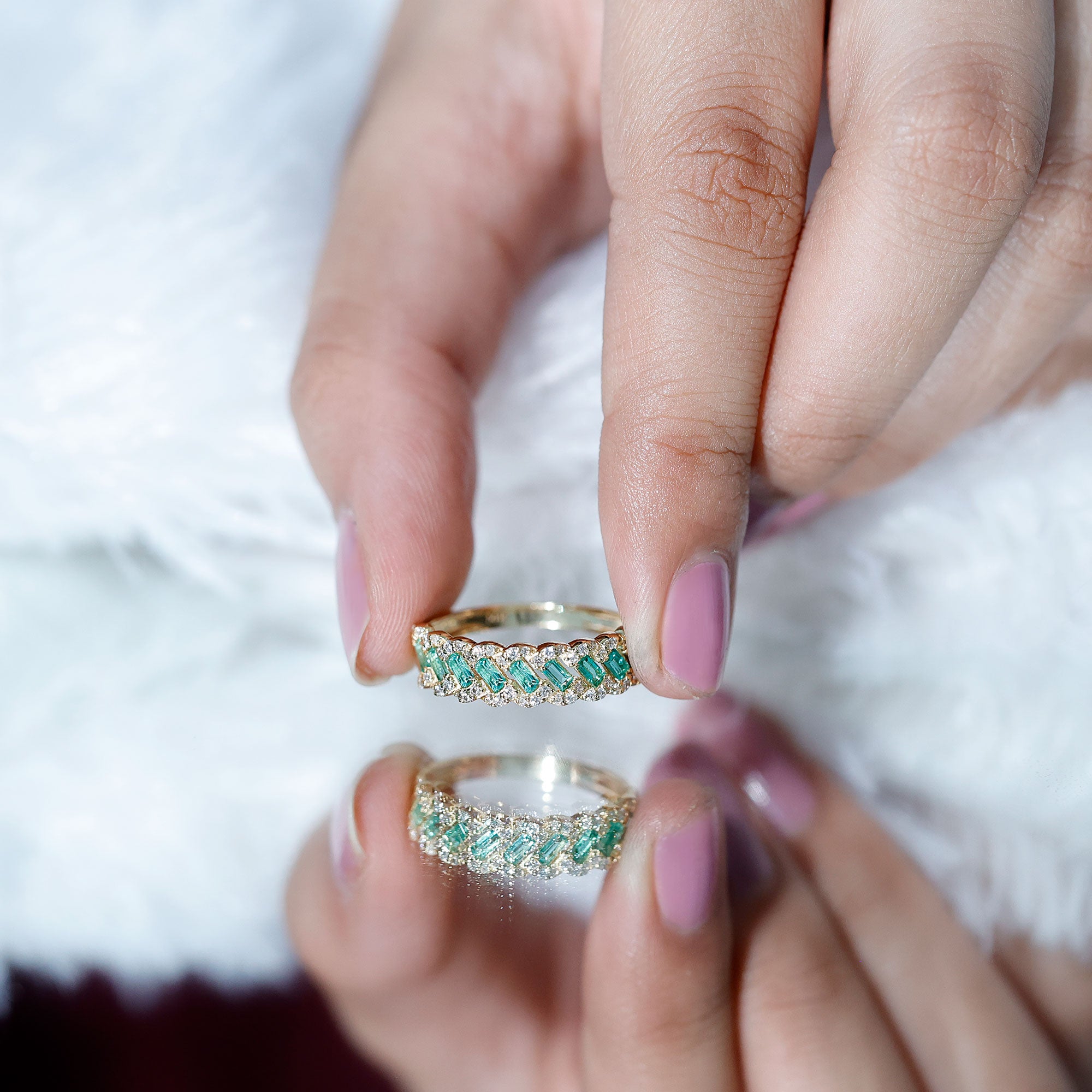 Baguette Emerald and Diamond Braided Half Eternity Band Ring AAA - Rosec Jewels