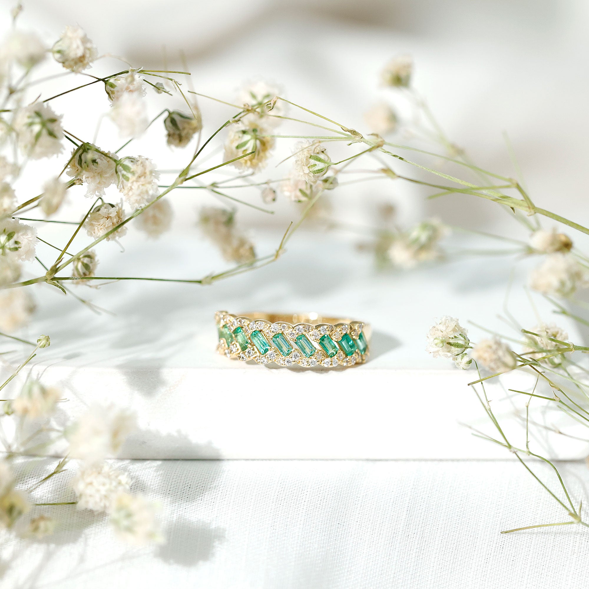 Baguette Emerald and Diamond Braided Half Eternity Band Ring AAA - Rosec Jewels