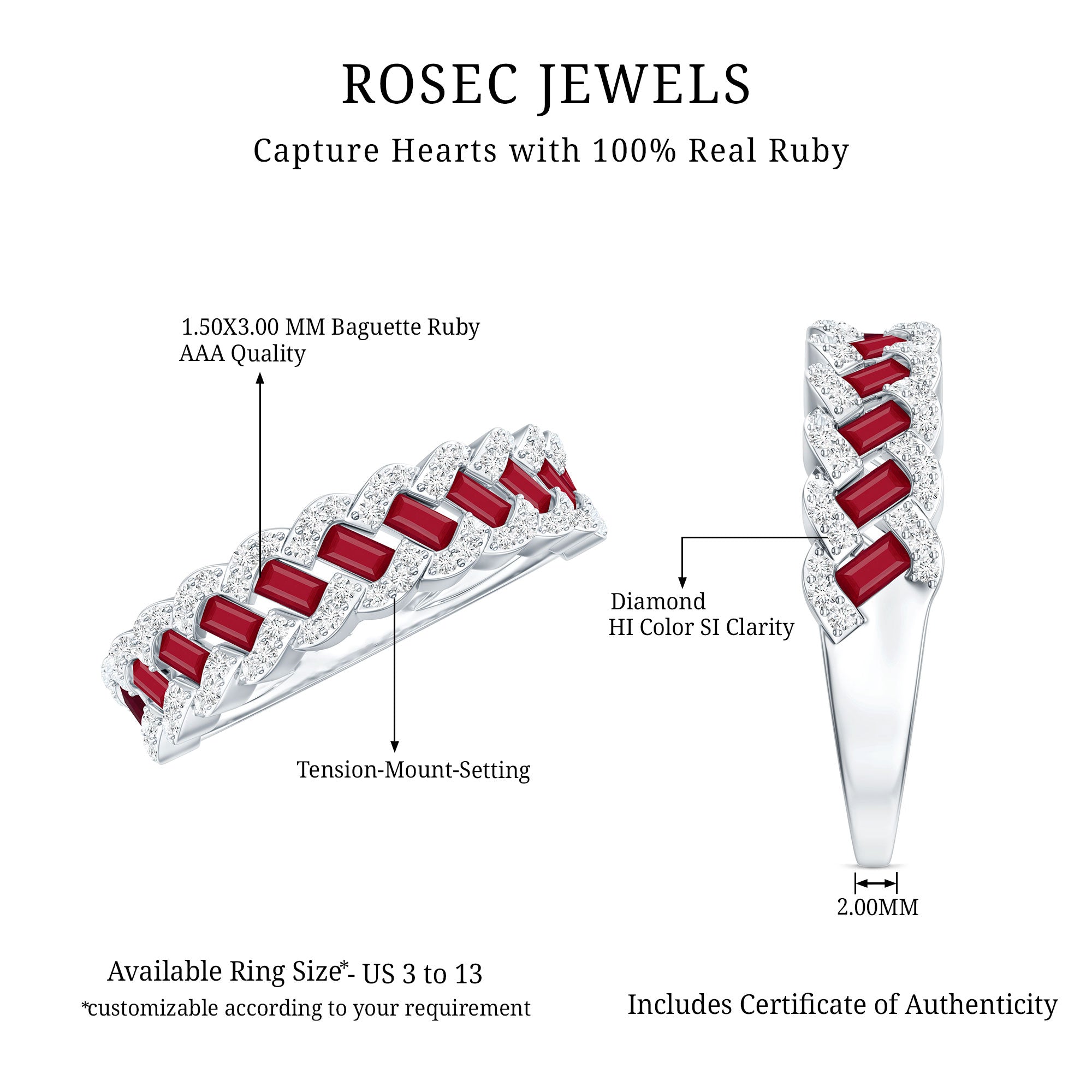 Rosec Jewels-Natural Baguette Ruby Half Eternity Band with Diamond