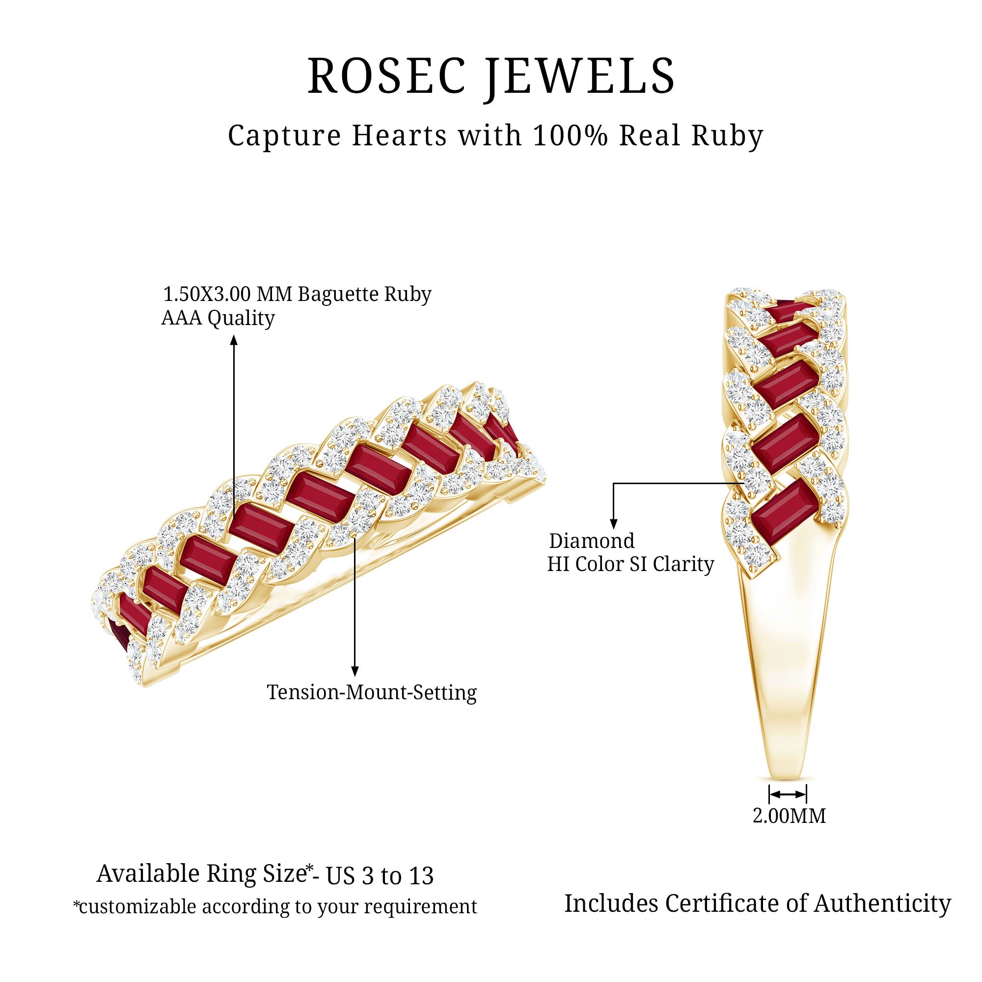 Rosec Jewels-Natural Baguette Ruby Half Eternity Band with Diamond