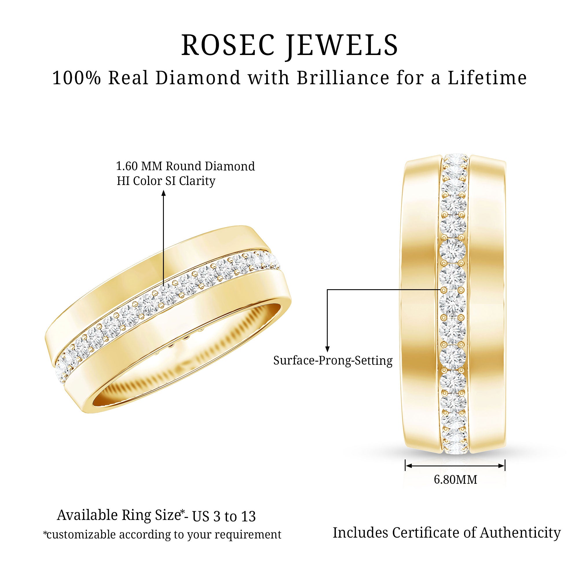 Certified Diamond Wide Wedding Band Ring Natural - ( HI-SI ) - Rosec Jewels