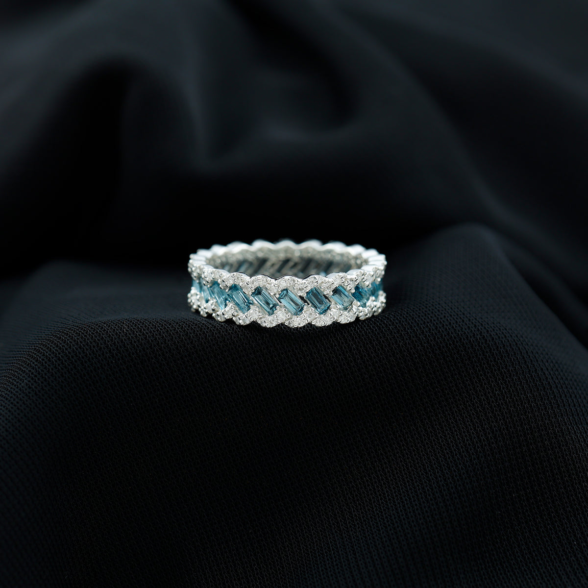 Baguette London Blue Topaz Full Eternity Band with Diamond AAA - Rosec Jewels