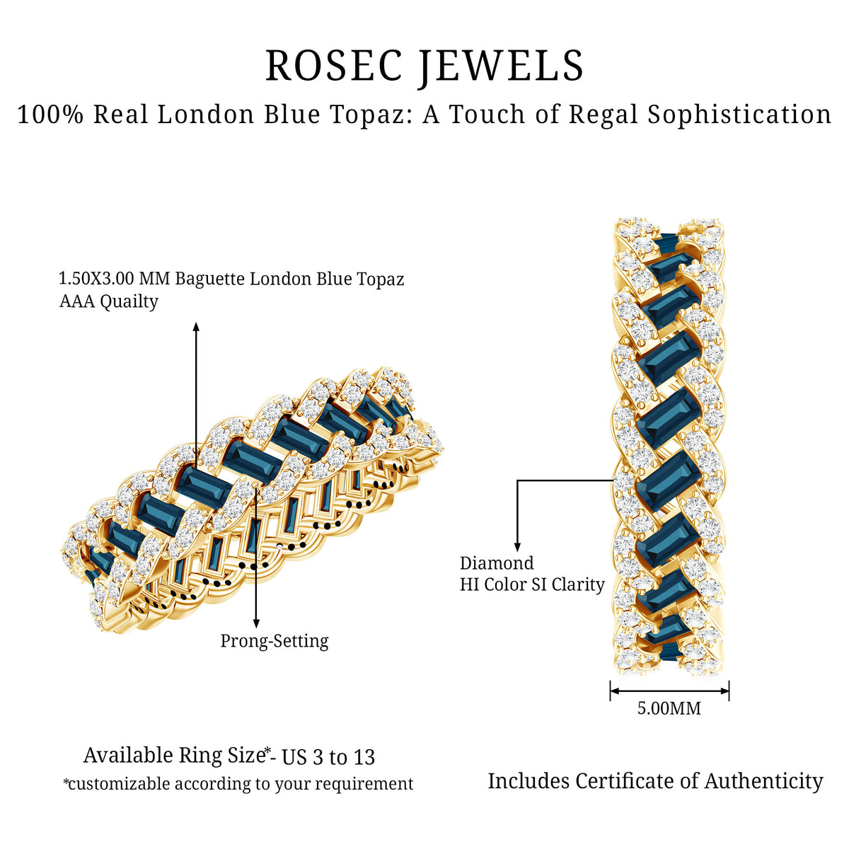 Baguette London Blue Topaz Full Eternity Band with Diamond AAA - Rosec Jewels
