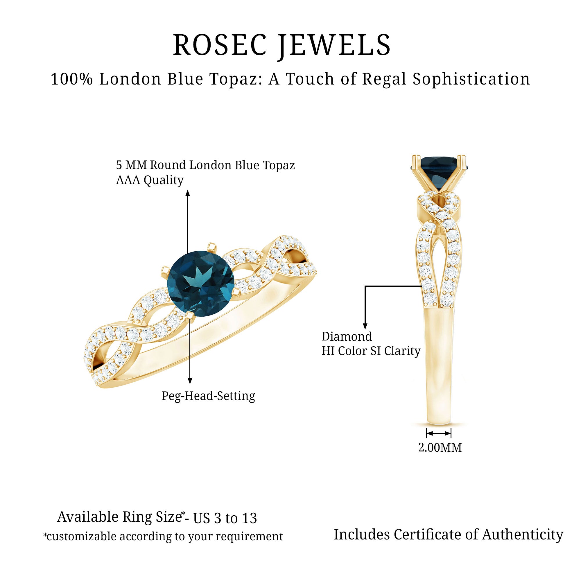 Round Blue Topaz Infinity Engagement Ring with Diamonds AAA - Rosec Jewels