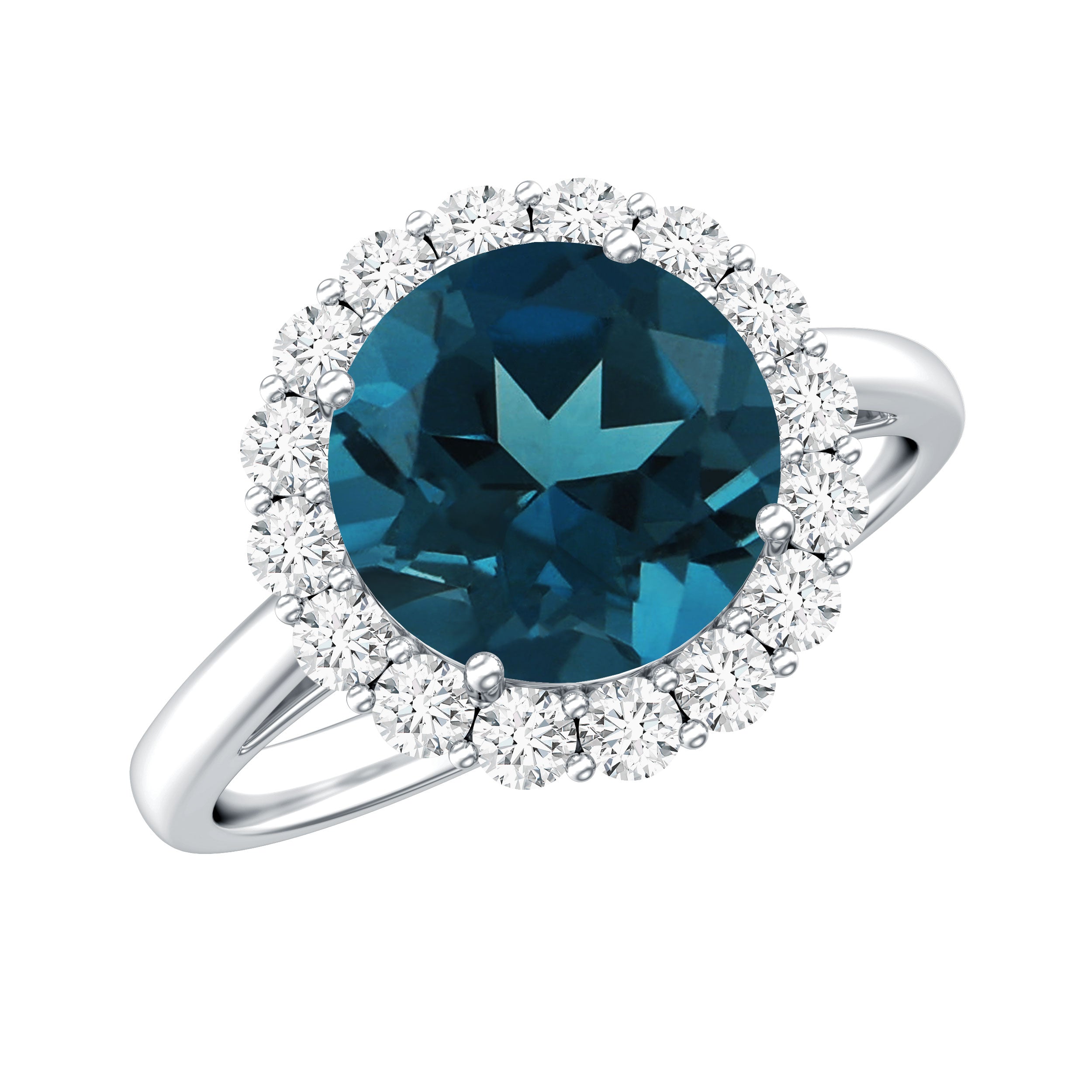 2 Carat Round London Blue Topaz Classic Engagement Ring with Diamond Halo AAA - Rosec Jewels