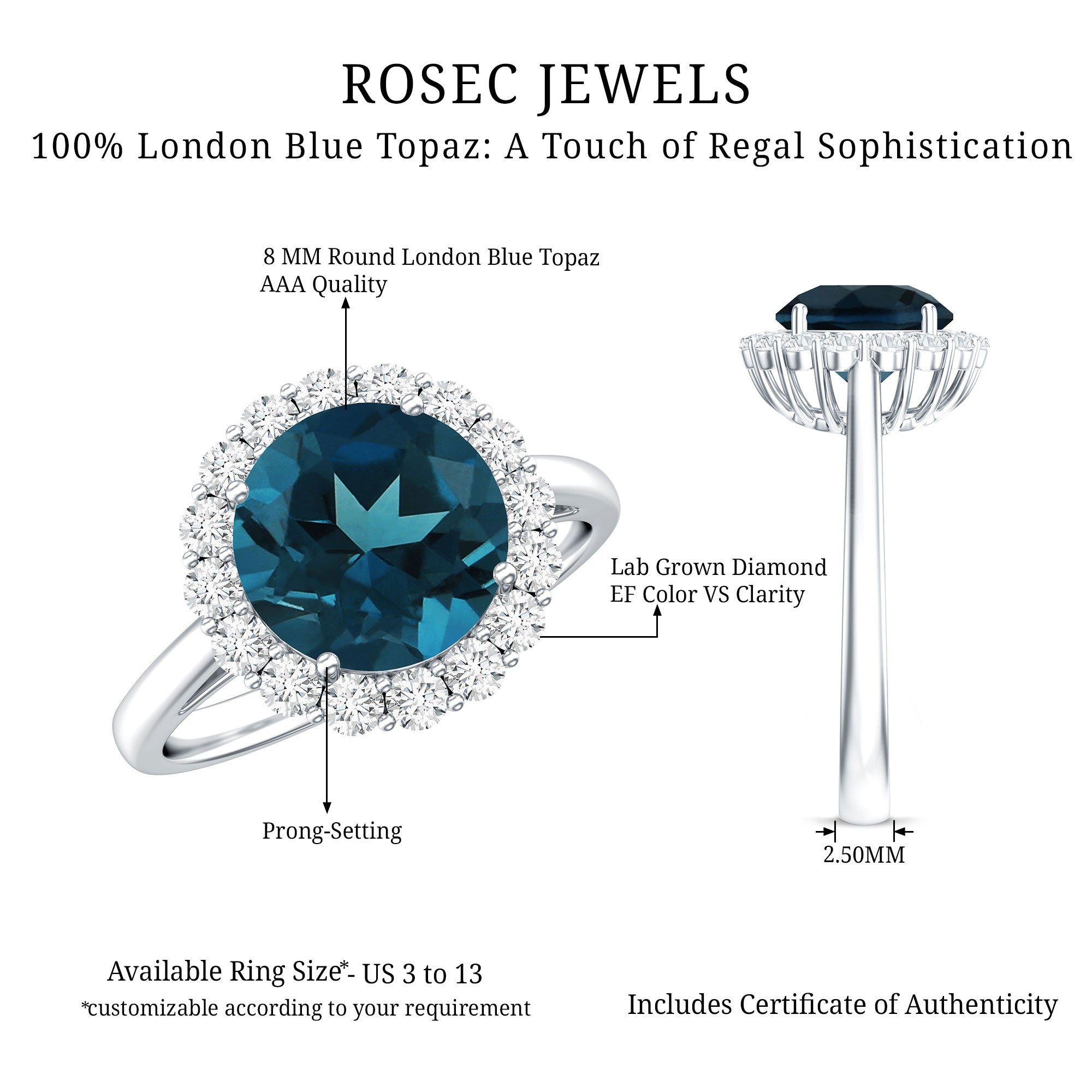 2 Carat Round London Blue Topaz Classic Engagement Ring with Diamond Halo AAA - Rosec Jewels