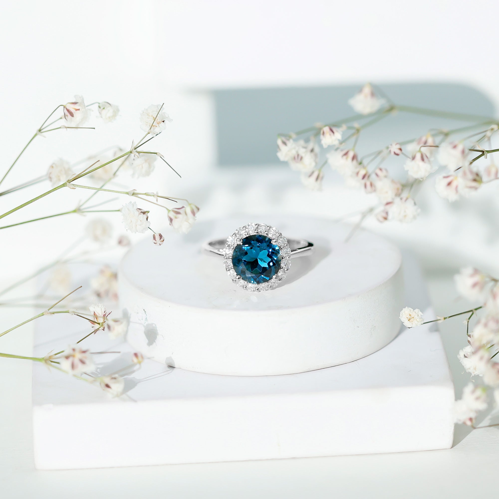 2 Carat Round London Blue Topaz Classic Engagement Ring with Diamond Halo AAA - Rosec Jewels